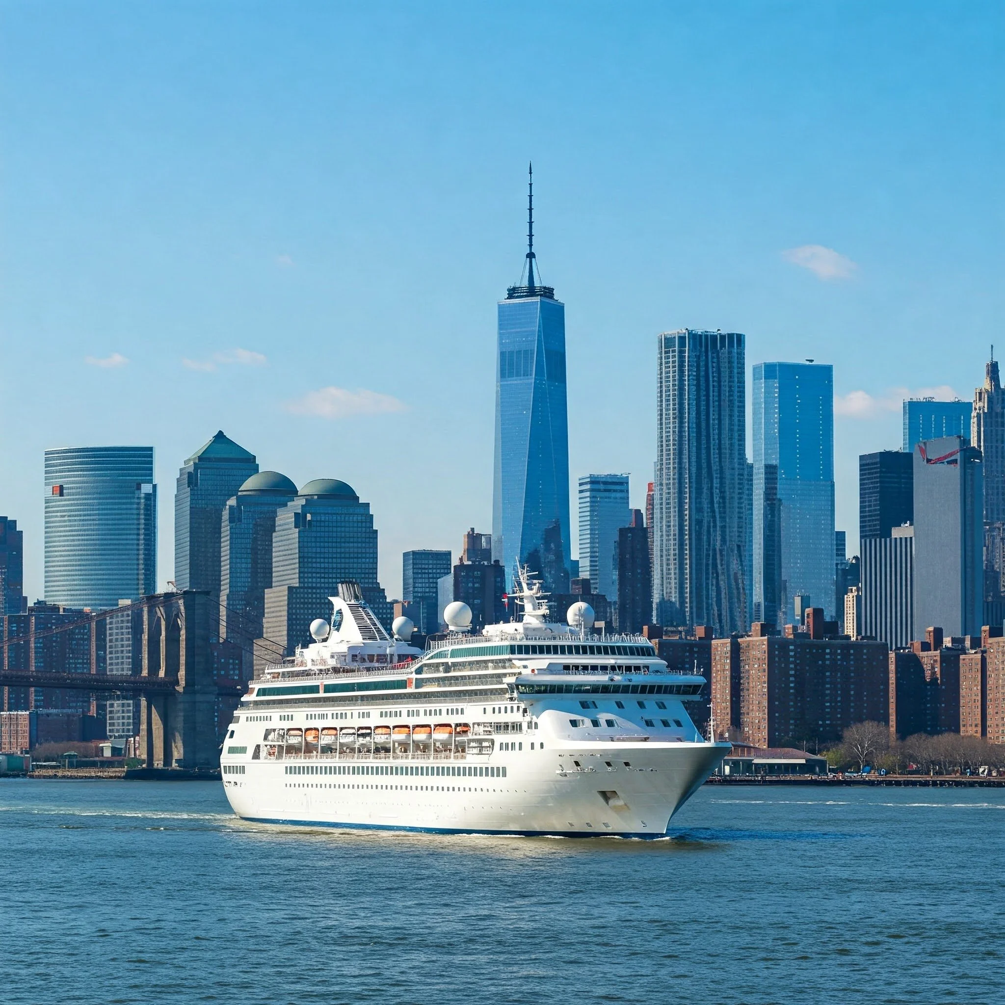 A luxury cruise ship sailing past iconic landmarks in New York City