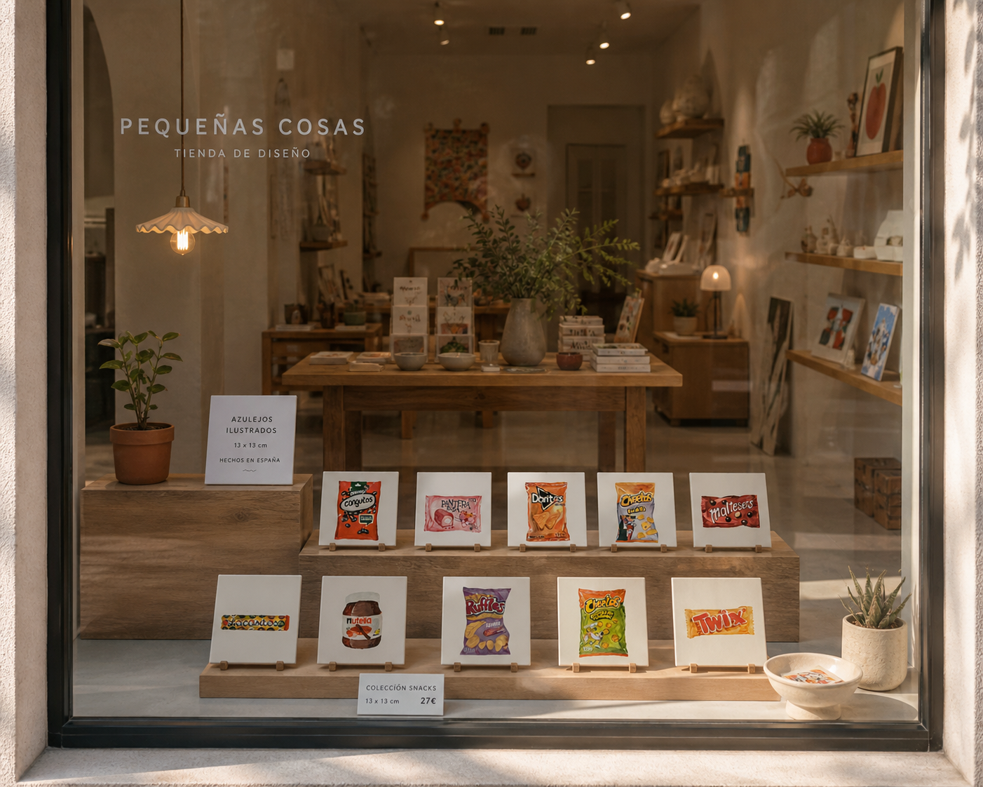 Tienda donde se venden azulejos de Bylajuana con snacks ilustrados en el escaparate