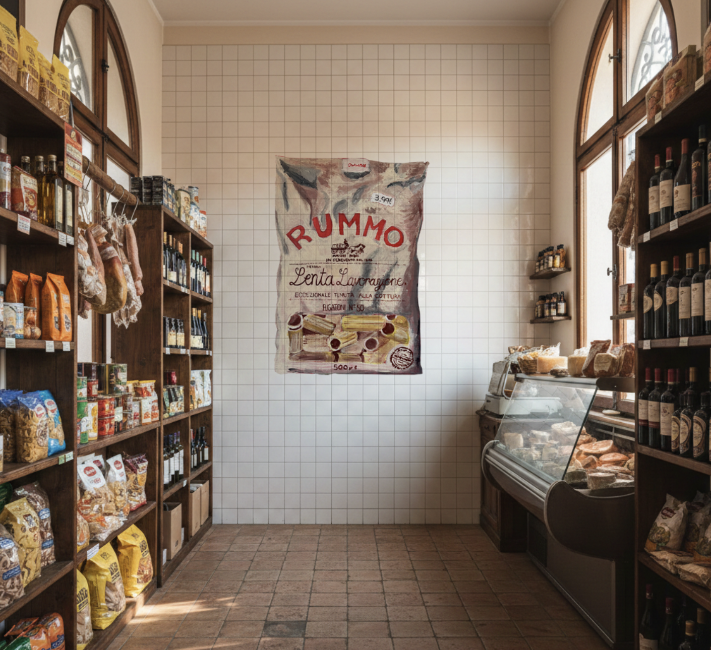 Ilustración de Bylajuana para Rummo expuesta en una tienda de alimentación italiana