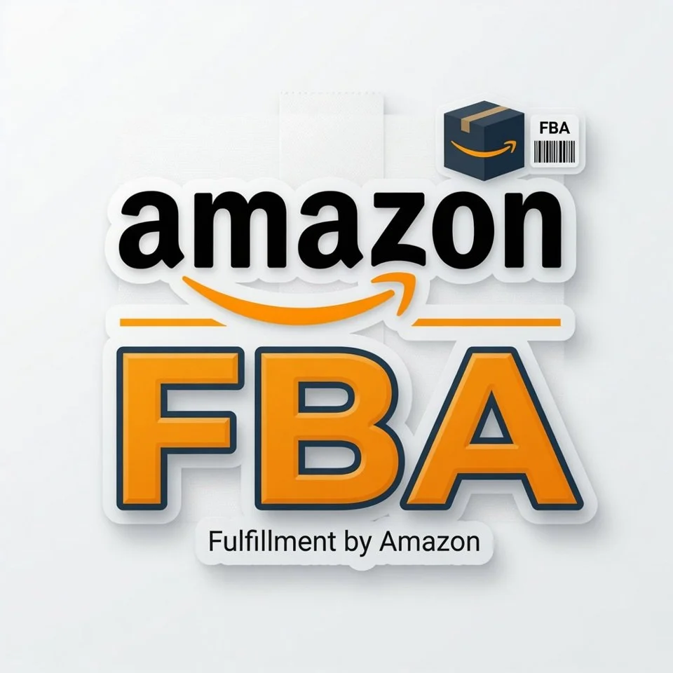 Amazon FBA logo with a box and barcode, indicating fulfillment services by Amazon.