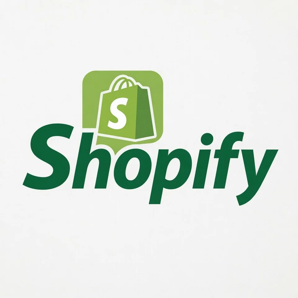 Shopify logo with green shopping bag and text.