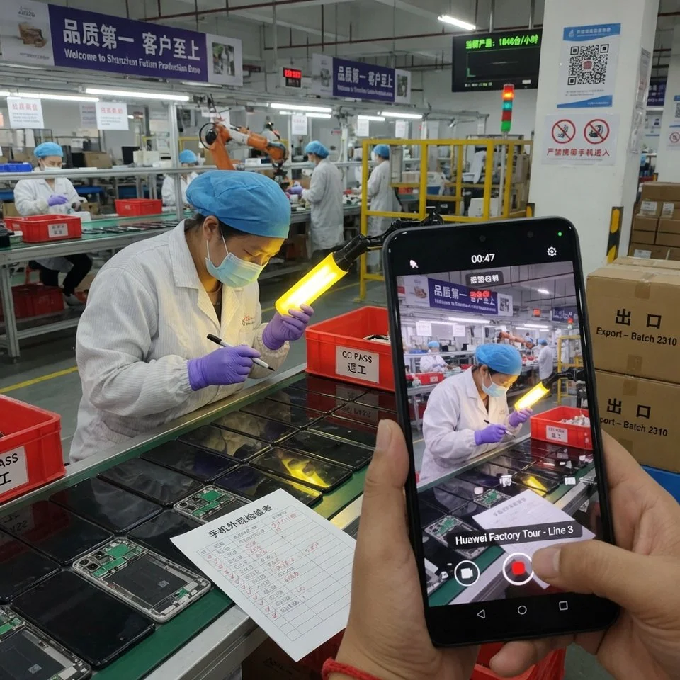 Workers in a factory inspecting electronic devices, with a person recording the process on a smartphone.
