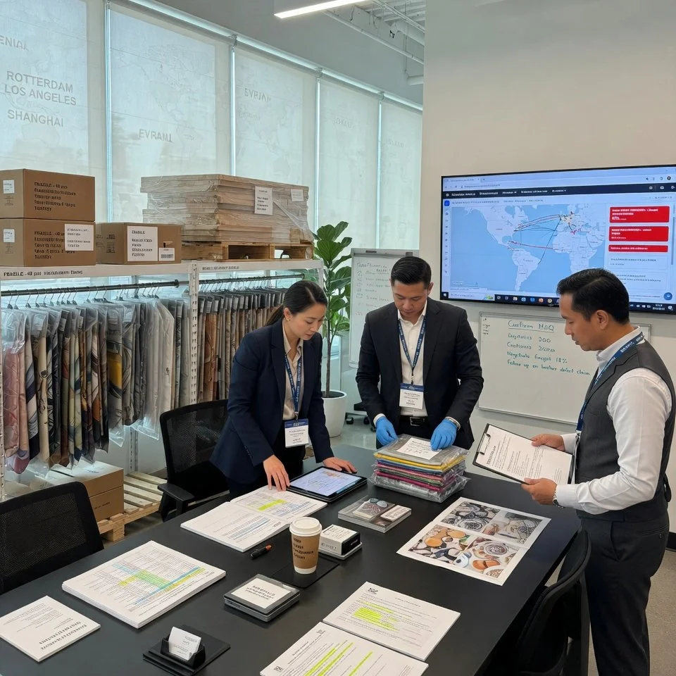 Three business professionals, two men and one woman, are working together in a modern conference room. They are reviewing documents and digital tablets. The room has large windows with a world map projected or displayed on the window, shelves with fabric samples and boxes, and a large screen showing a world map with marked routes.
