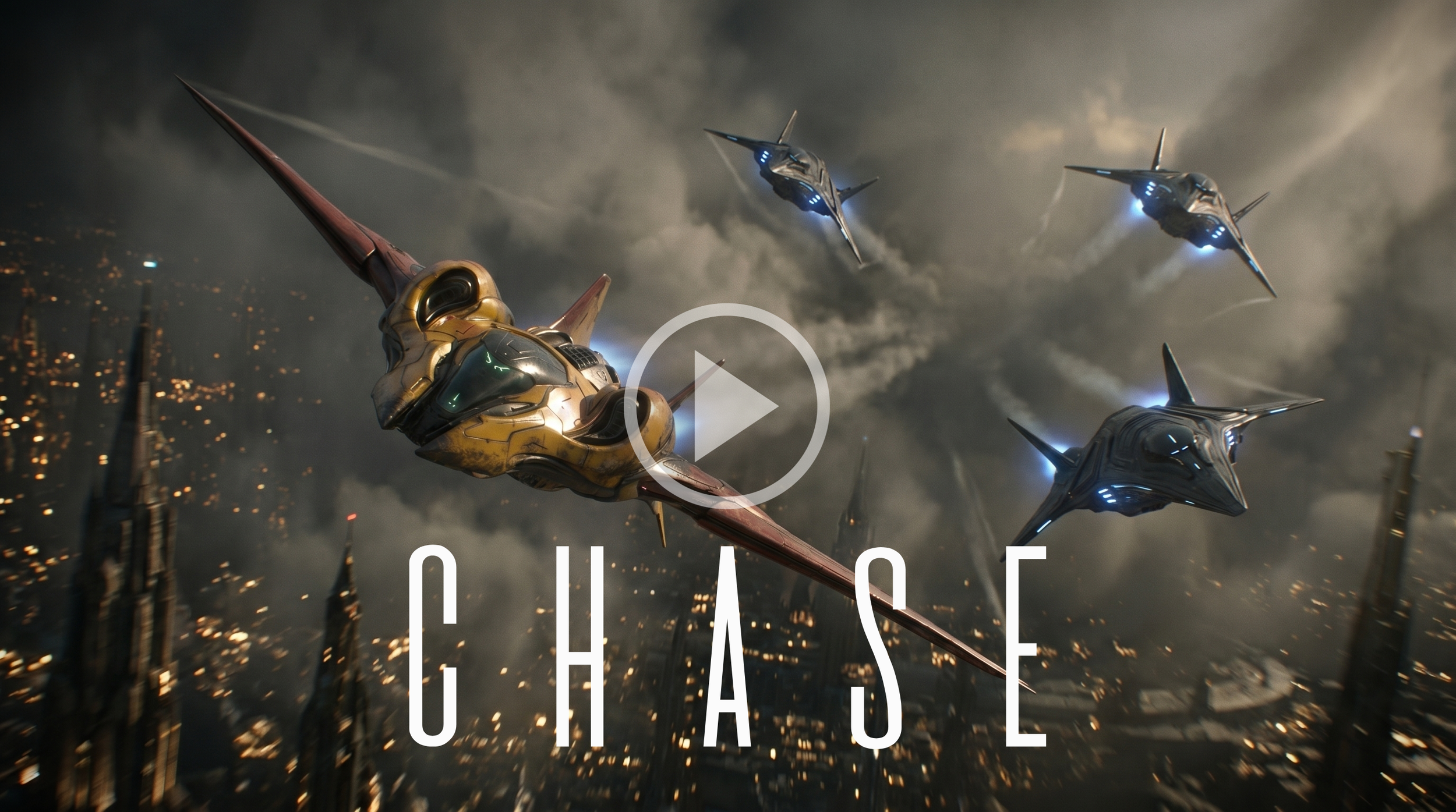 Scene from the video game Destiny showing a spaceship flying above a futuristic city with tall buildings and dark clouds, with the Destiny logo at the bottom.