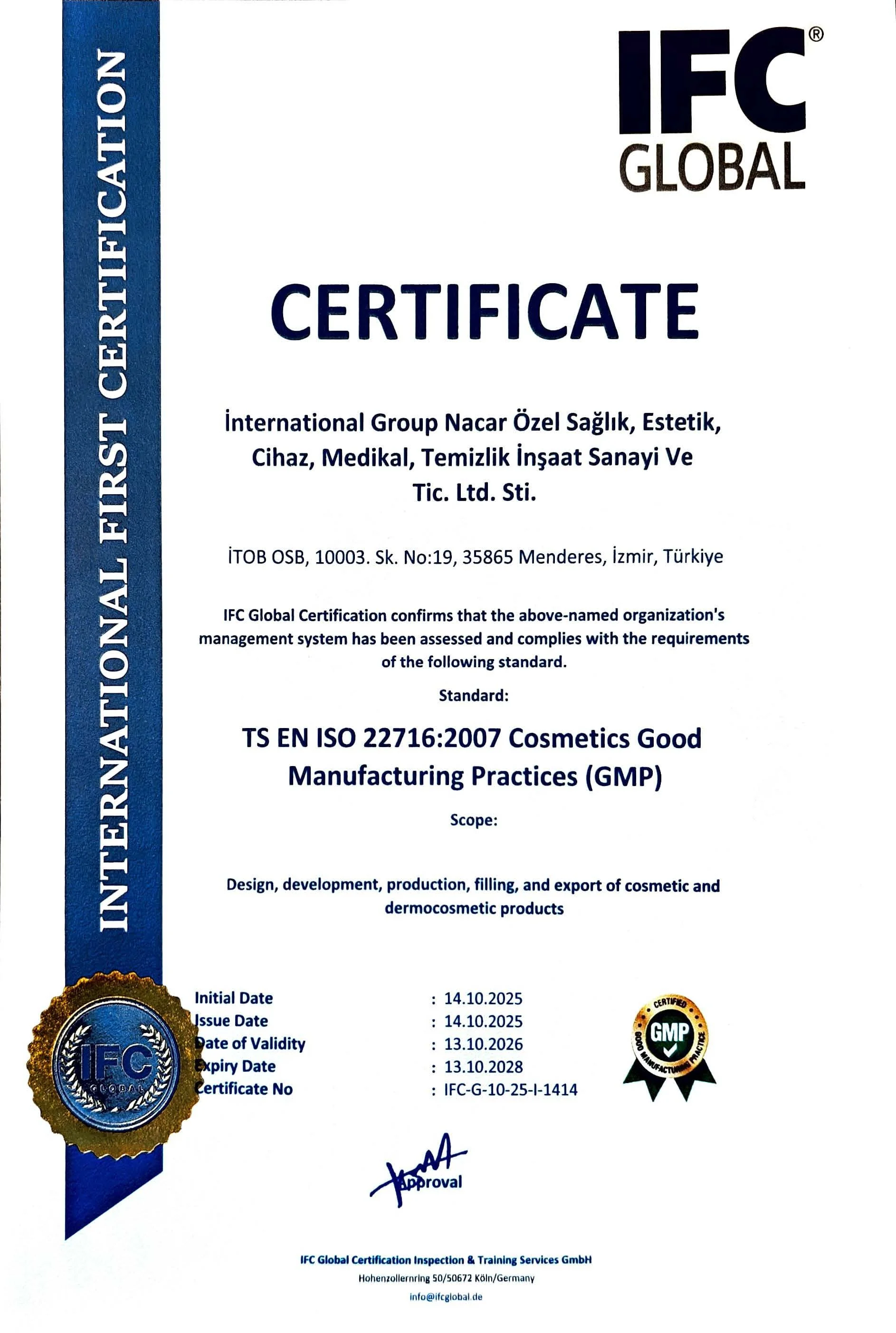 A certification document from IFC Global with a blue stripe on the left side, gold seal at the bottom left, and black, white, gold, and blue text about standards and validation for cosmetic products, including signatures and certification logos.