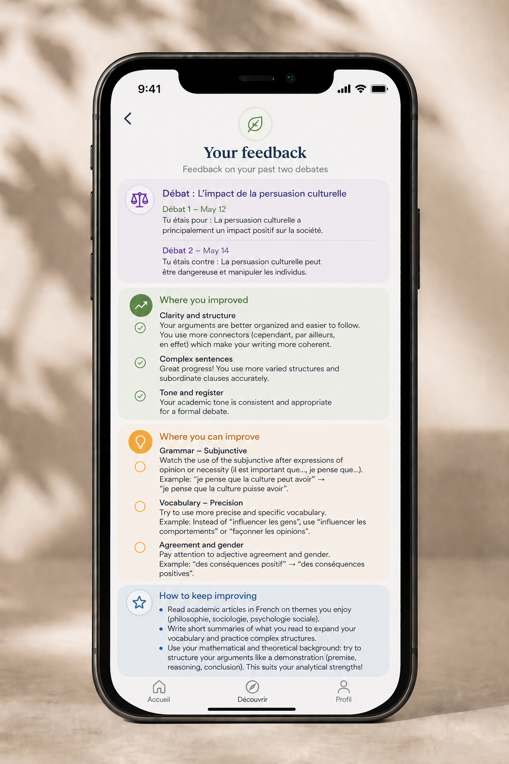 Step 6 of 6: A full breakdown across both debates shows exactly where you improved and what to work on next. 