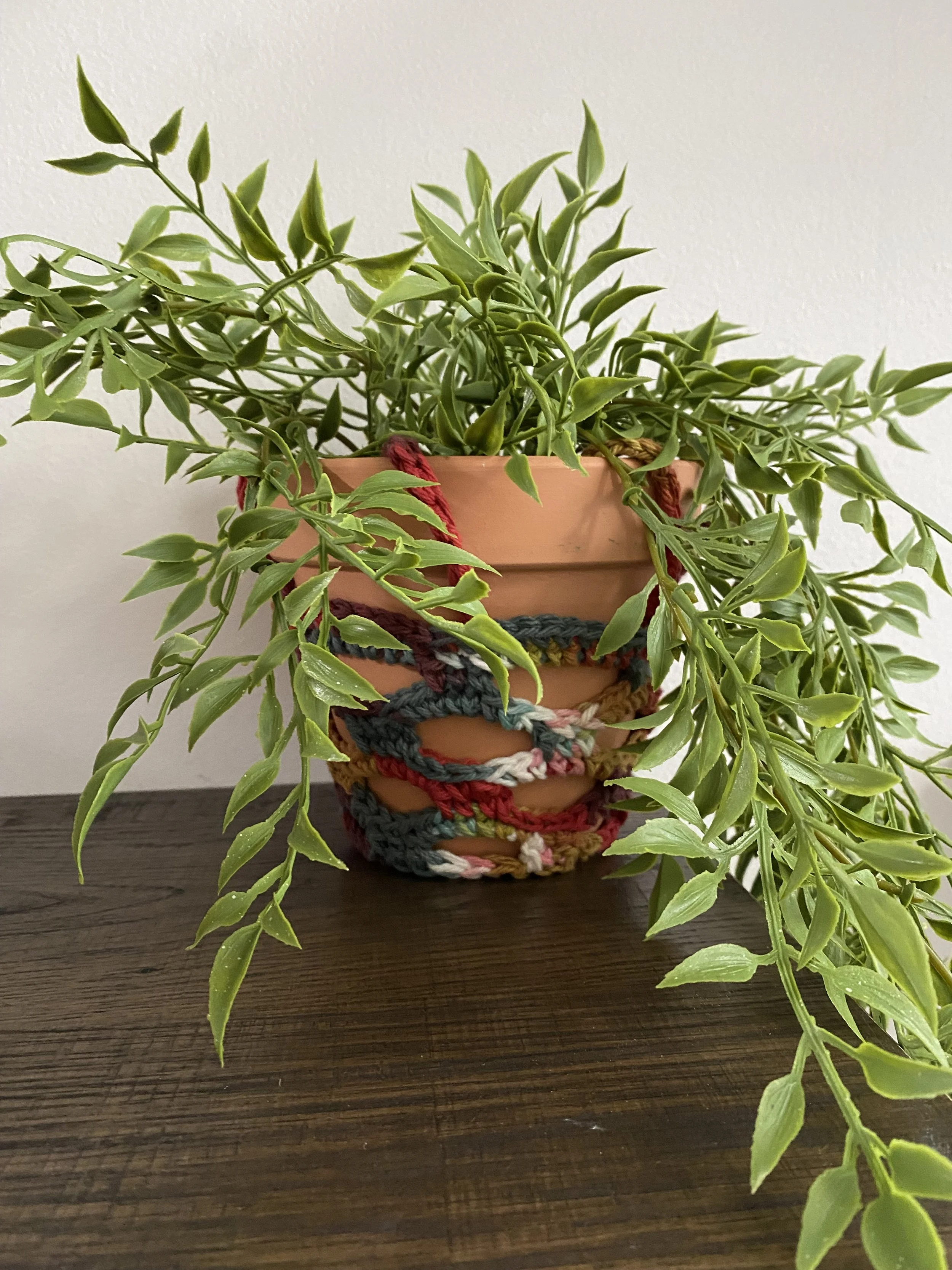 Green leafy plant in a colorful woven pot on a dark wooden table against a plain light-colored wall.
