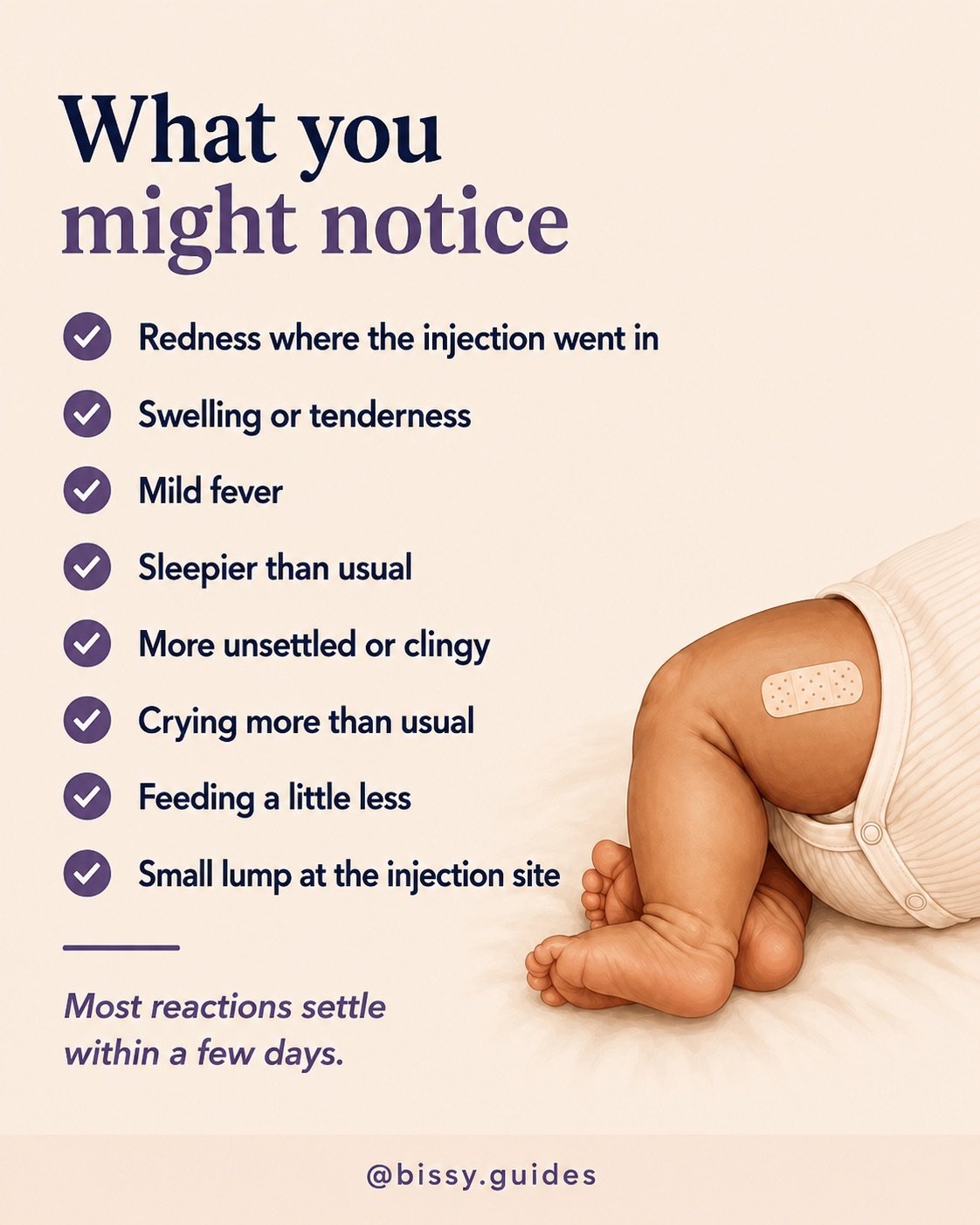 Baby vaccine reactions checklist showing common side effects including fever, sleepiness, crying, and injection-site reactions.