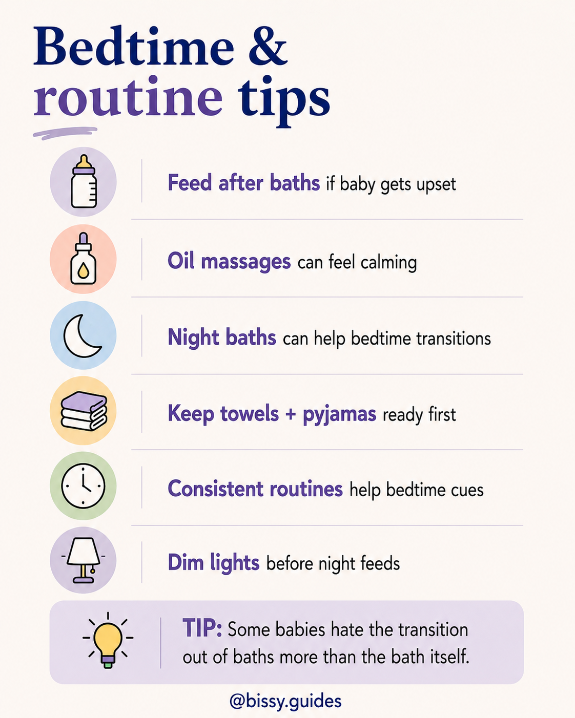 Baby bedtime routine guide slide showing bath routines, calming oil massages, dim lights and bedtime preparation tips