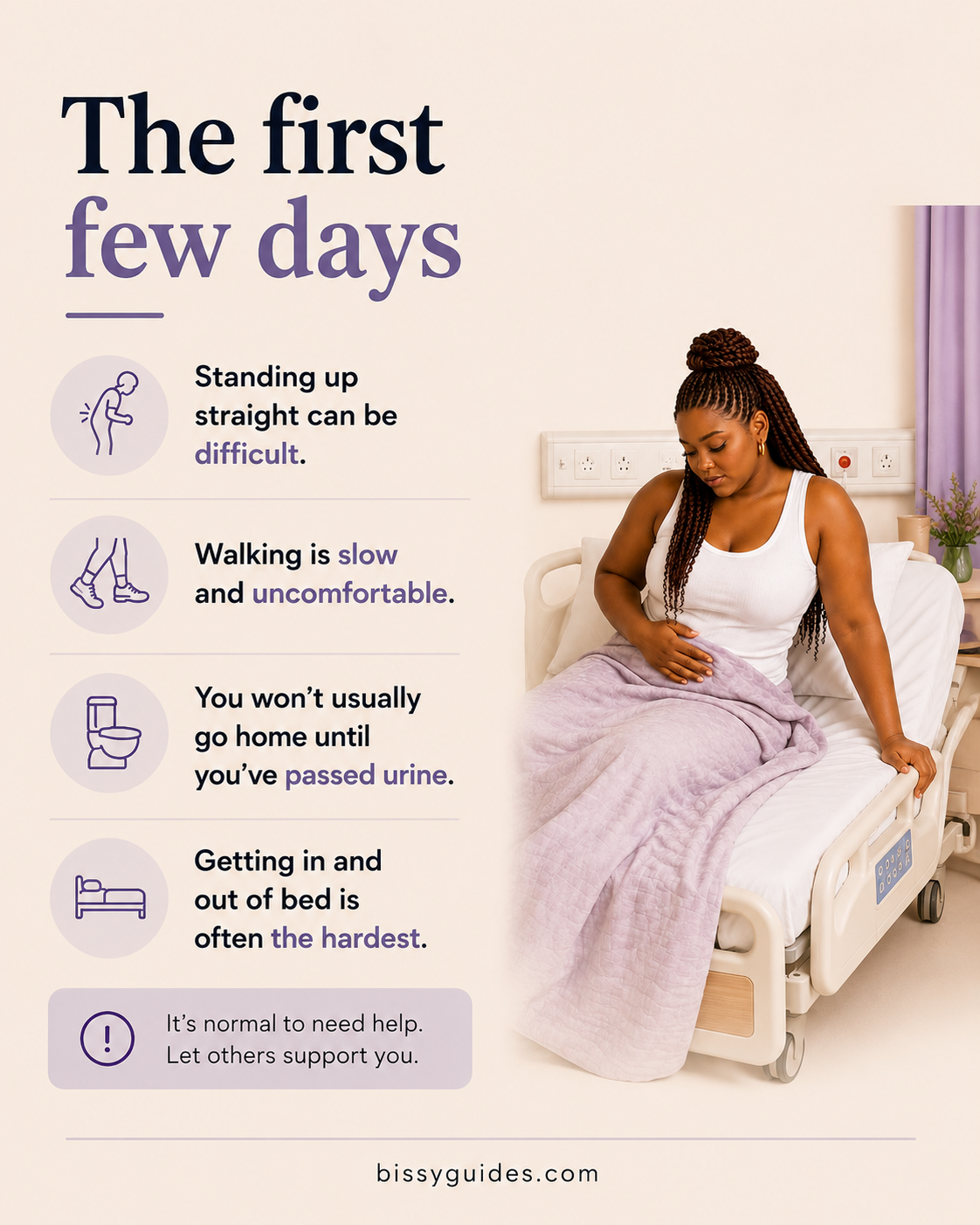 Woman standing carefully beside a hospital bed after a C-section.