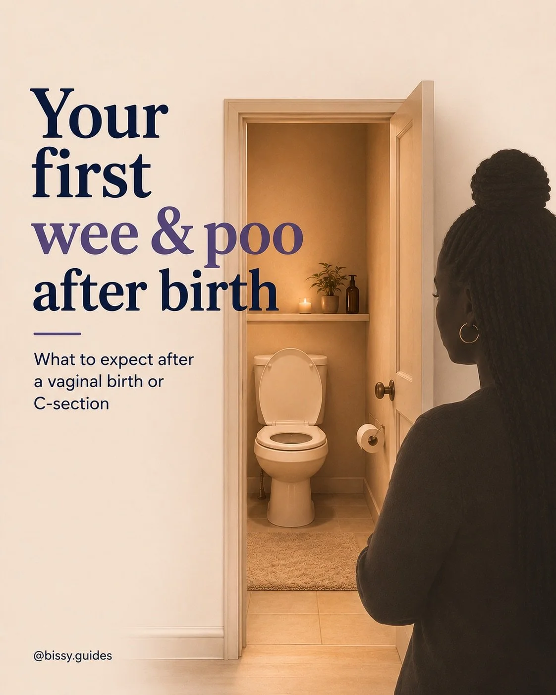 Your first wee and poo after birth guide cover with bathroom scene.