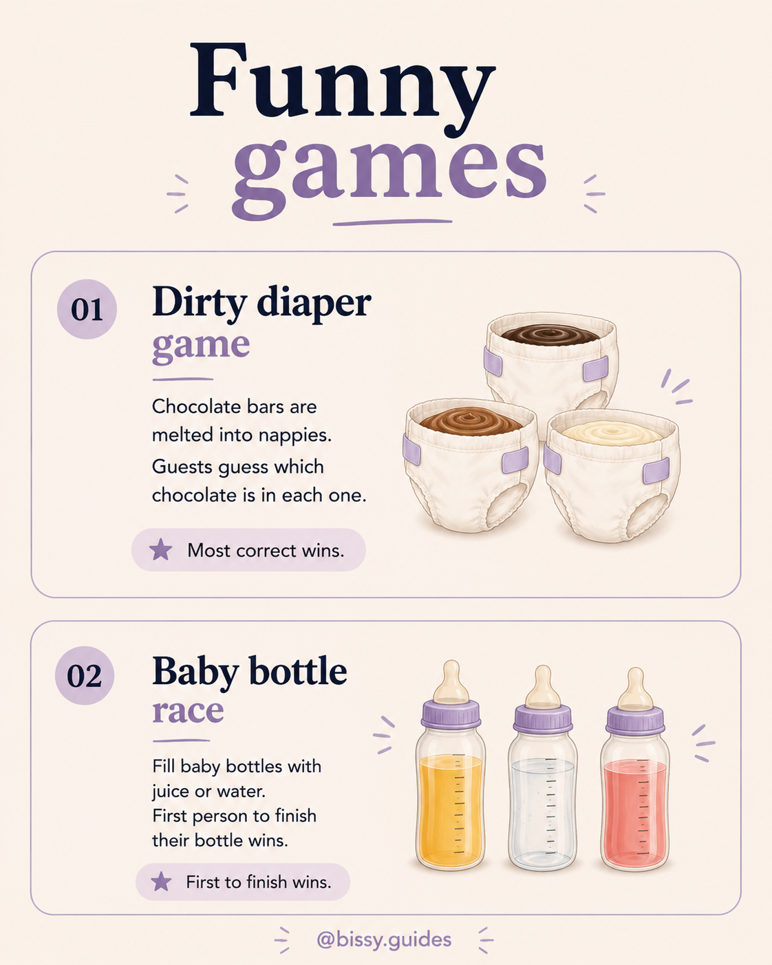 Baby shower games infographic showing dirty diaper chocolate game and baby bottle race with pastel illustrations