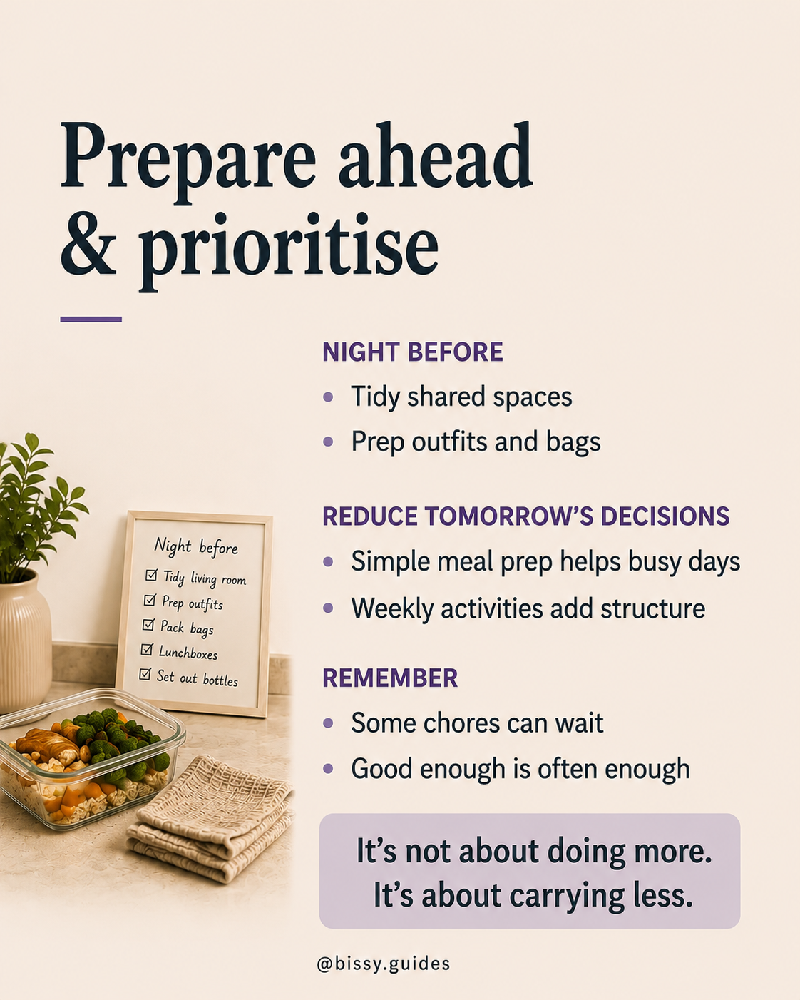 Meal prep containers, checklist, and organised family items representing preparation and prioritising.