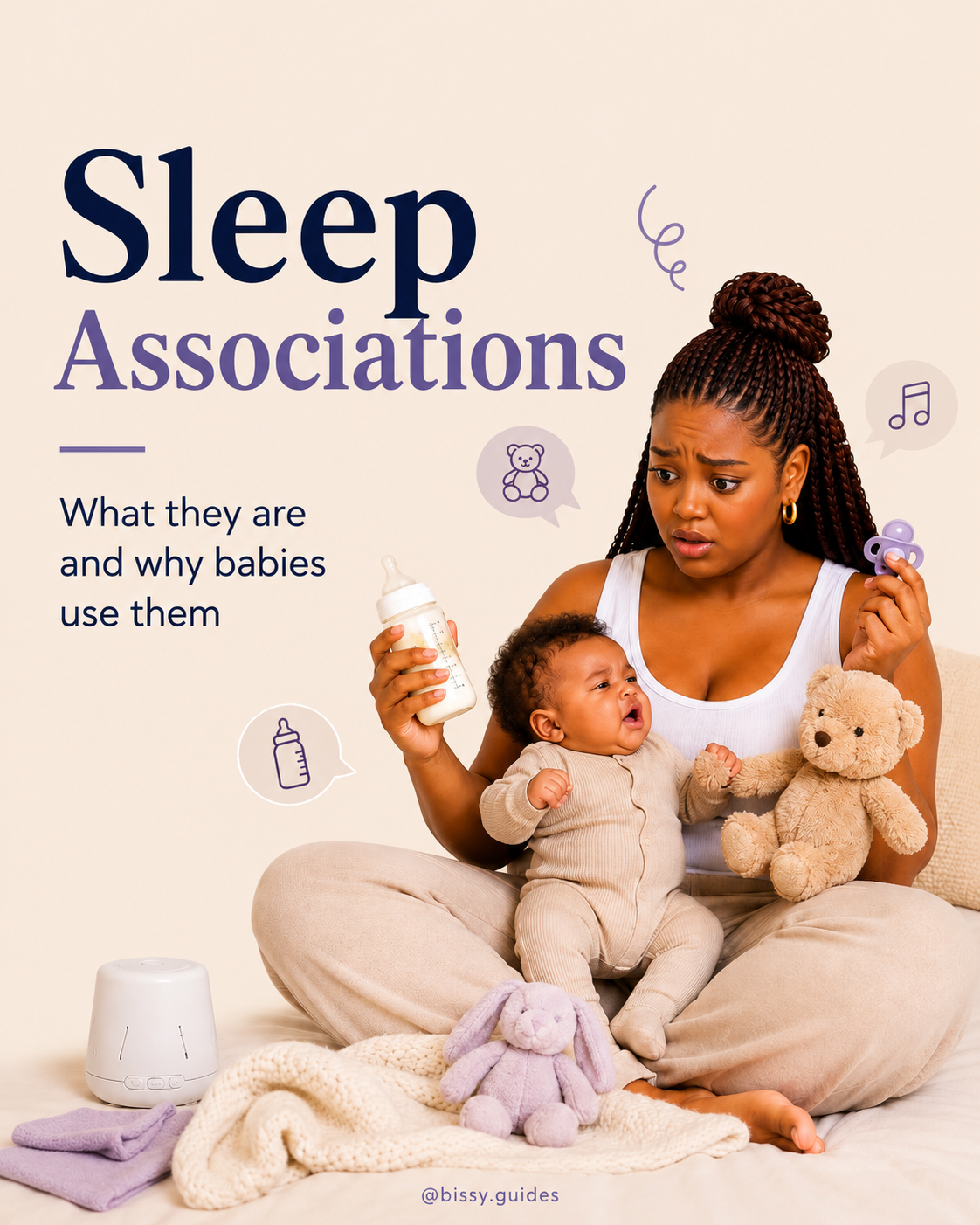 AI-mum holding a baby while considering common sleep associations including a dummy, bottle, and comfort toy