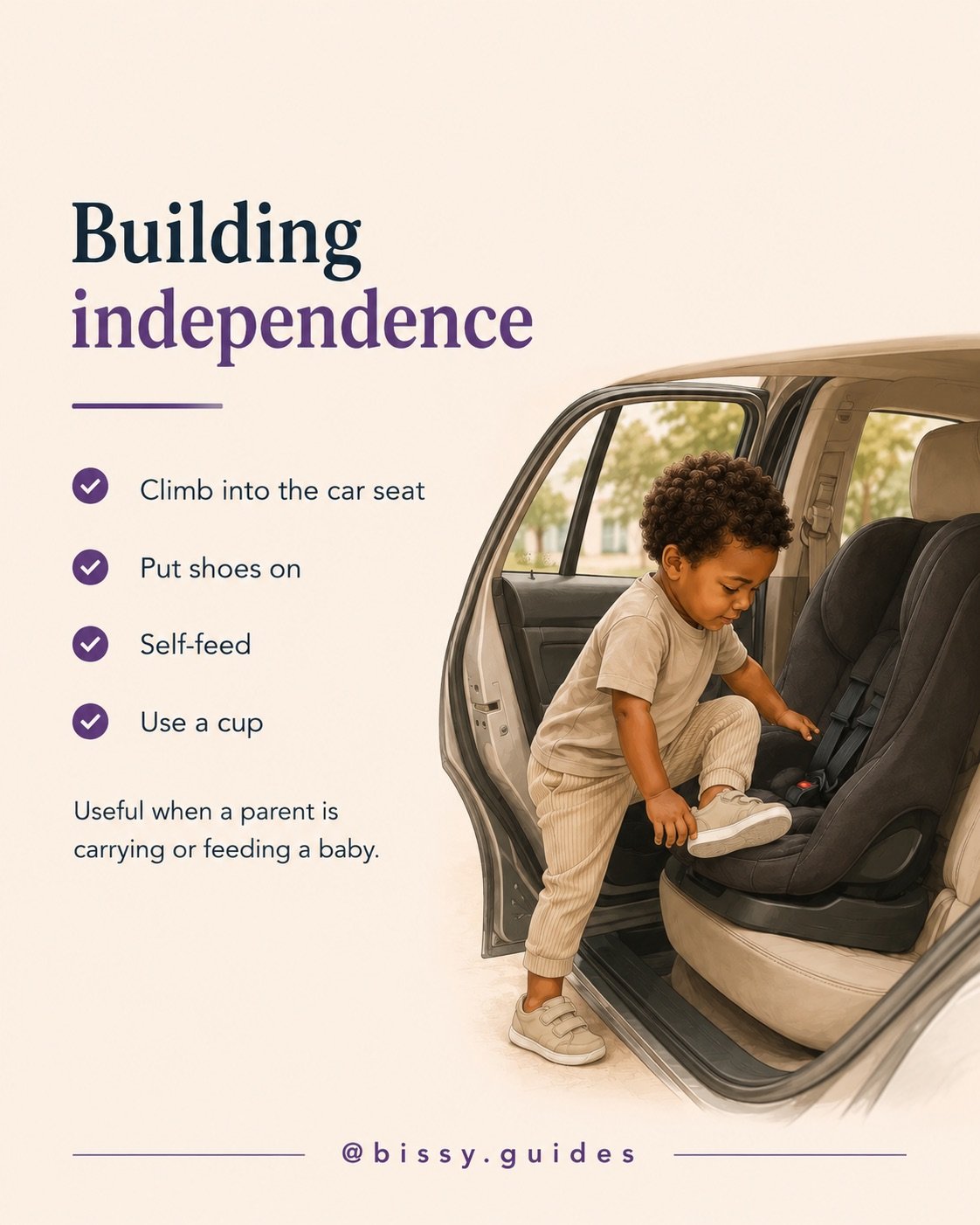 Toddler climbing into a car seat independently, demonstrating practical skills that can reduce the workload when caring for a newborn.