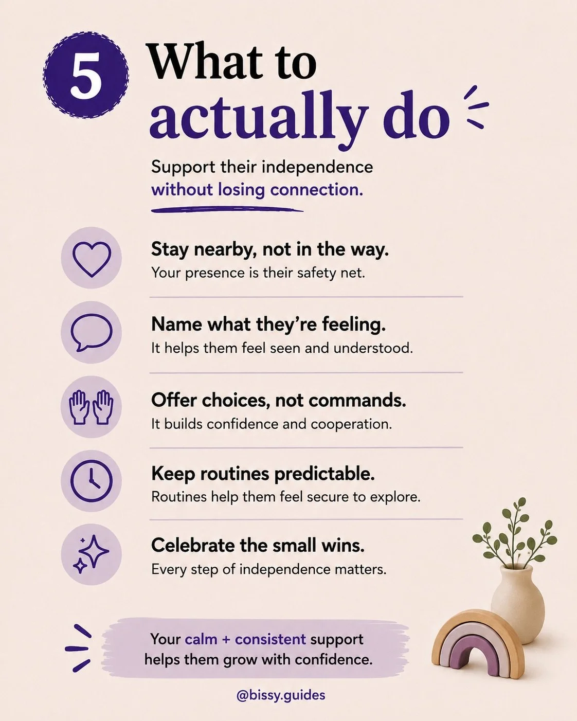 Clean parenting advice infographic showing realistic ways to support toddler independence with calm boundaries and routines.