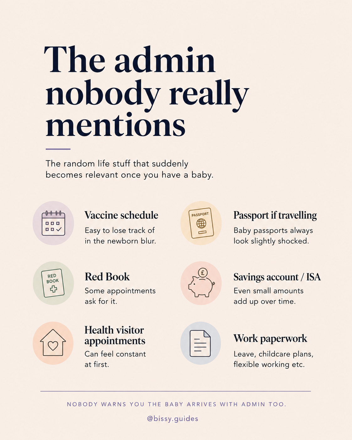 Minimal parenting infographic covering newborn health and life admin, including vaccine schedules, Red Book, health visitor appointments, baby passports, savings accounts and work paperwork.