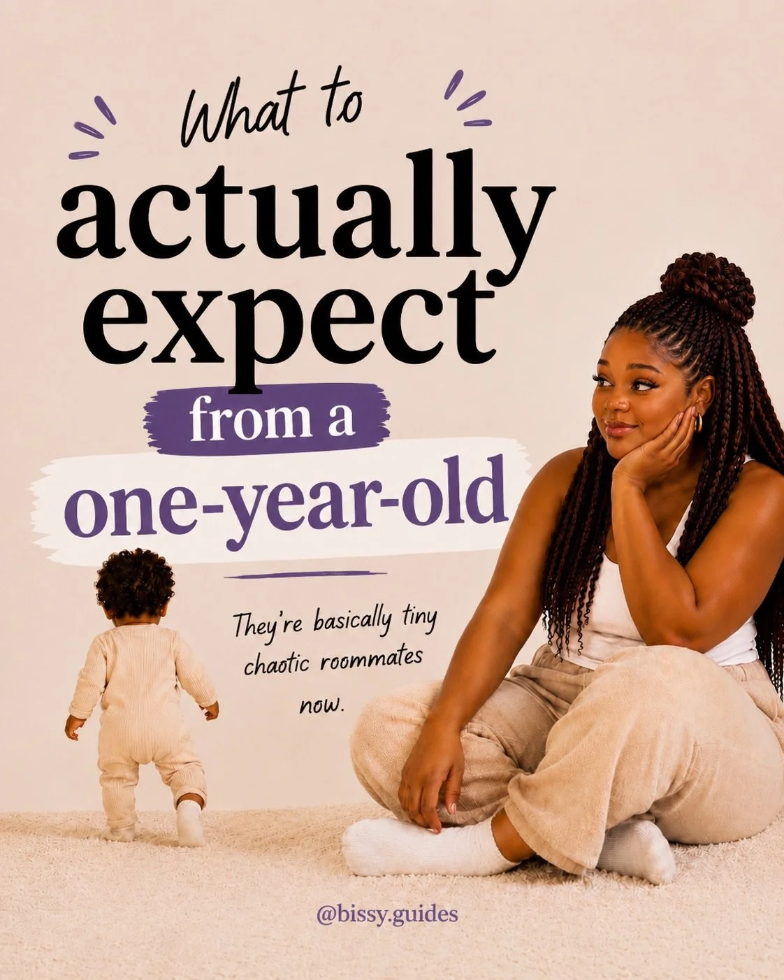 Illustrated Bissy Guides cover about one-year-old behaviour featuring AI-me beside a toddler with bold typography reading “What to actually expect from a one-year-old.