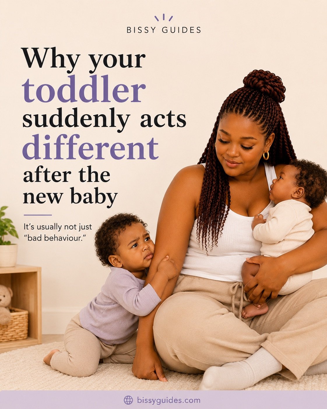 Mother holding a newborn while a toddler clings to her leg looking overwhelmed, with text explaining toddler behaviour changes after a new baby.