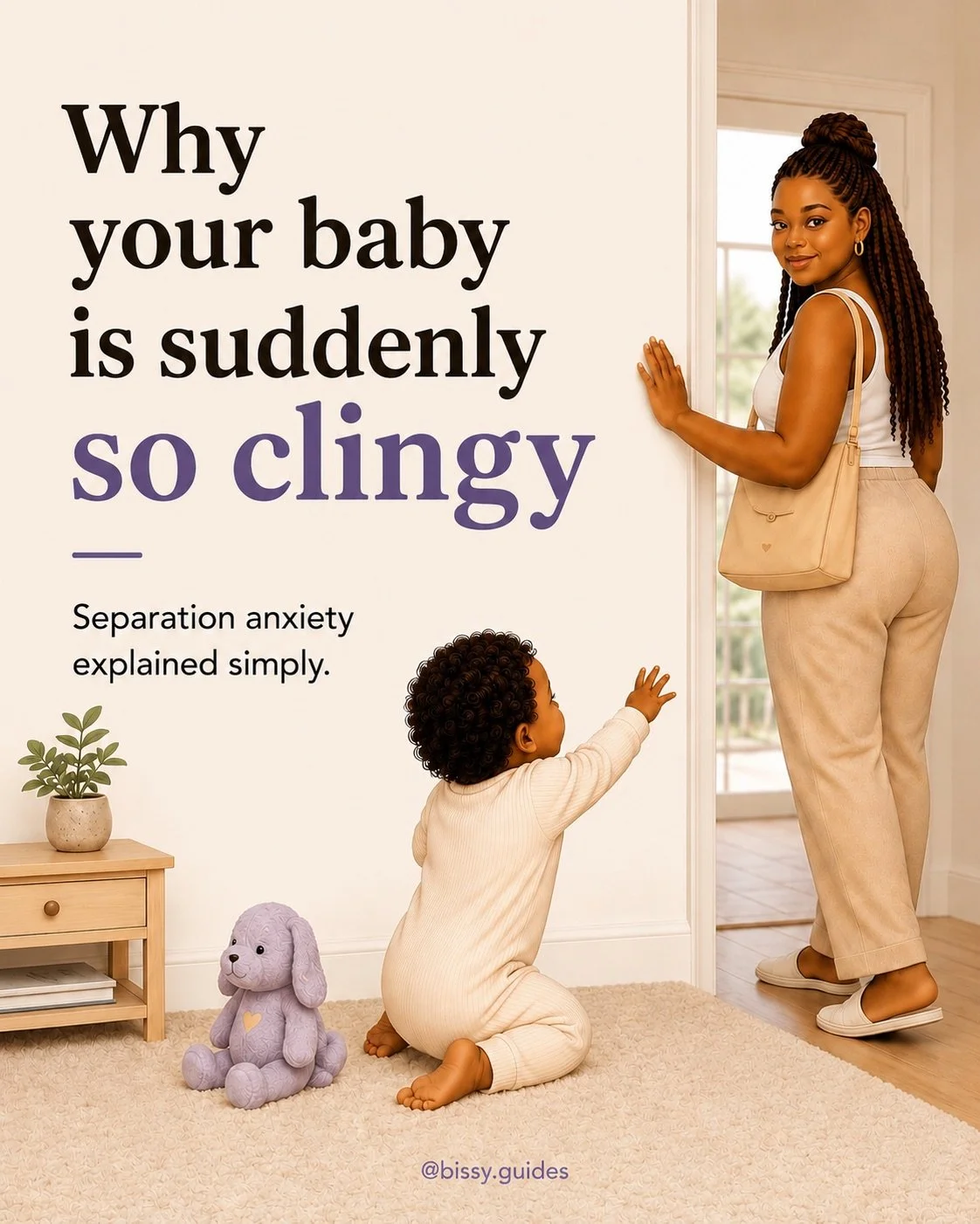Black mum standing near doorway while clingy baby reaches toward her on cream background with text about separation anxiety