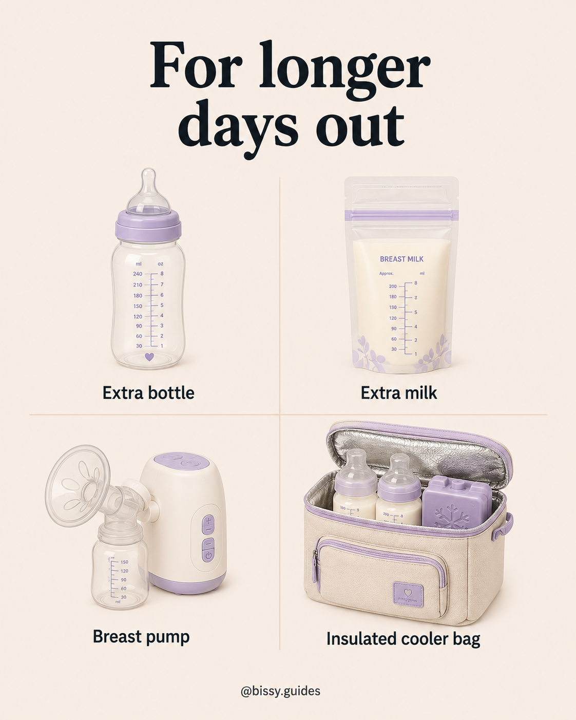 Minimal layout showing longer day out essentials including extra bottle, extra milk, breast pump, and insulated cooler bag.