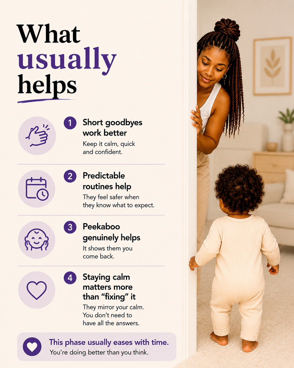 Minimal parenting infographic showing practical ways to help separation anxiety with Black mother and toddler in calm home setting.