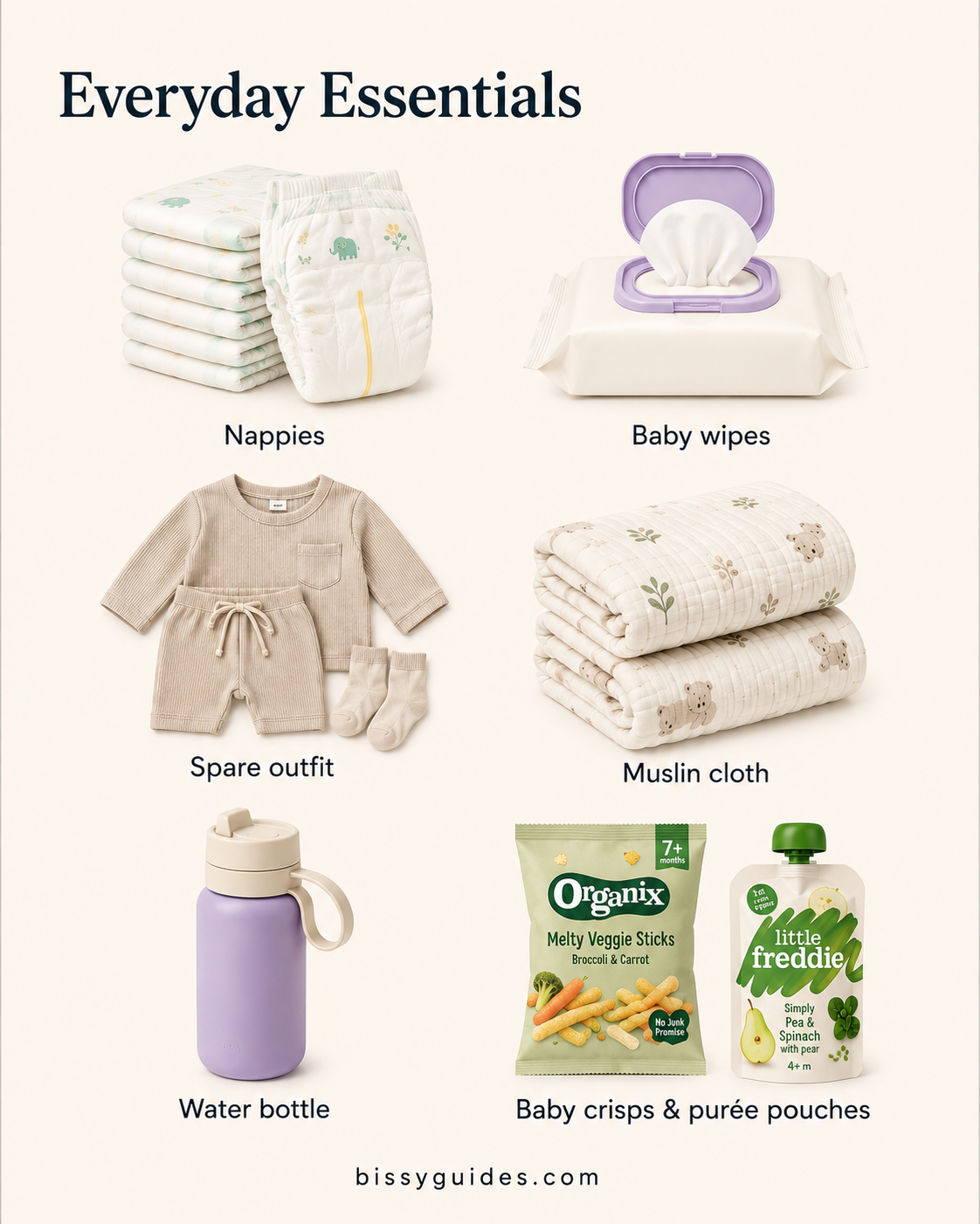 Illustration showing everyday baby and toddler car essentials including nappies, baby wipes, spare clothes, muslin cloth, water bottle, baby crisps and purée pouches.