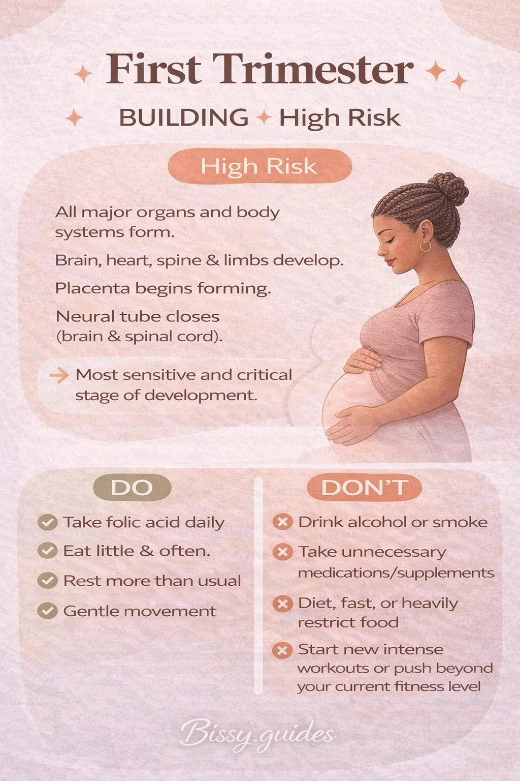 First-trimester pregnancy guide covering early organ development, folic acid, rest, gentle movement and important precautions