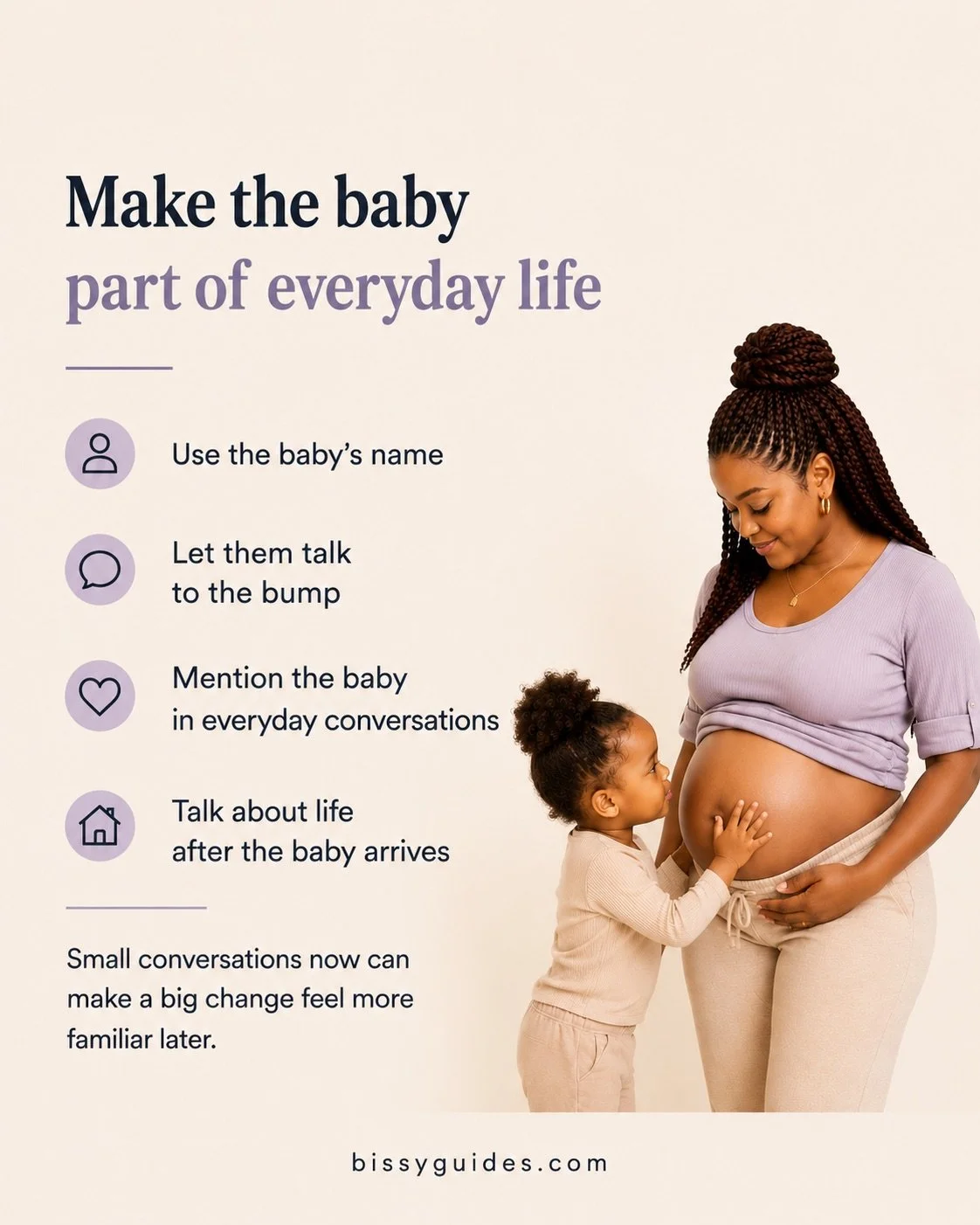 Parent talking with toddler and showing pregnancy bump