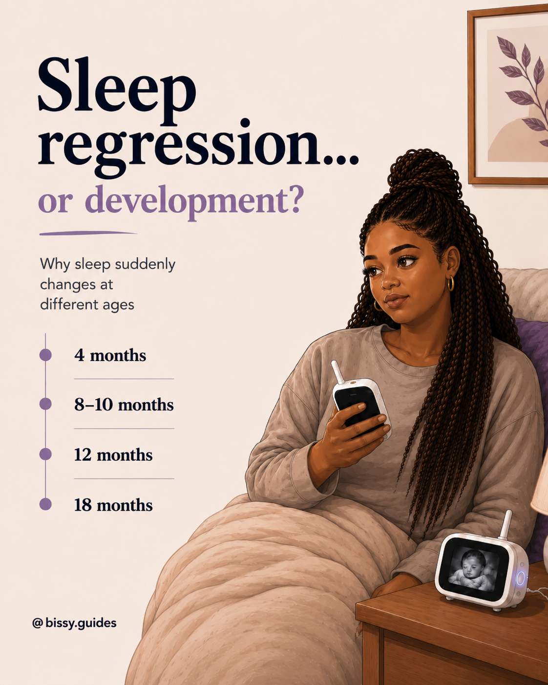 Semi-realistic illustration of a mother sitting awake in bed holding a baby monitor beside a sleep regression timeline.