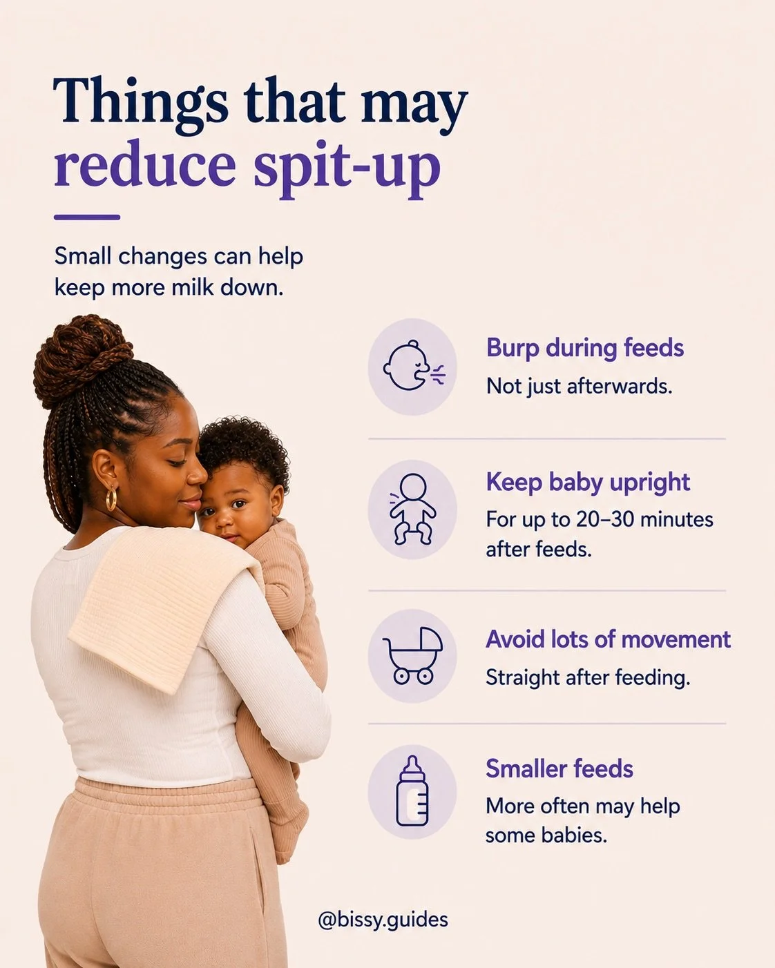 Parent holding baby upright after a feed with practical tips that may help reduce spit-up, including burping during feeds and avoiding lots of movement after feeding