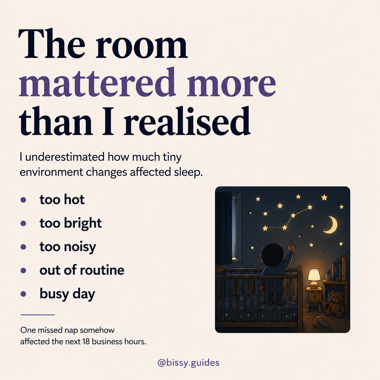 Minimal cream sleep guide discussing room environment and bedtime conditions with dark nursery illustration.