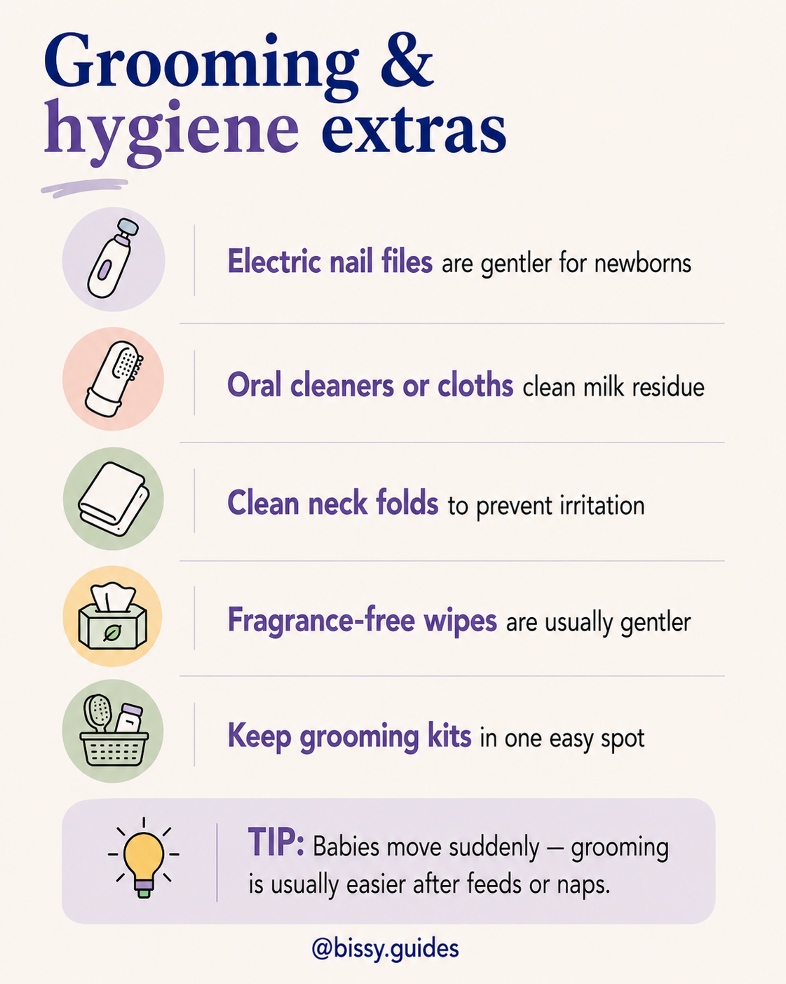 Baby grooming guide slide showing electric nail files, oral cleaners, fragrance-free wipes and newborn grooming tools