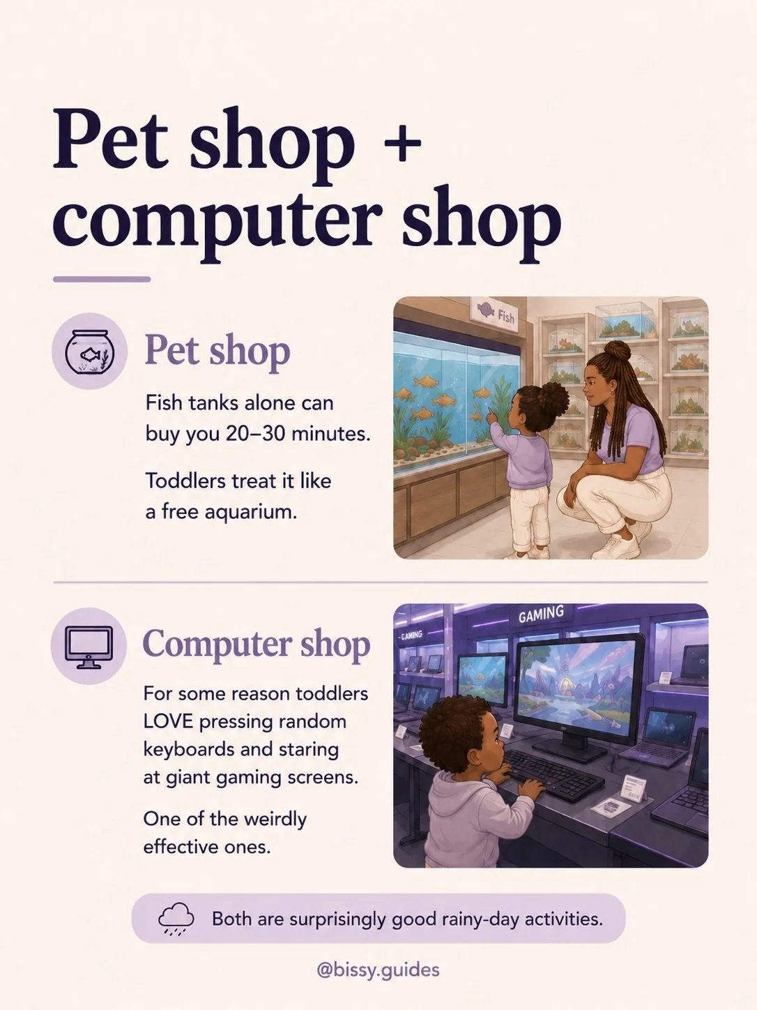 Illustrated split slide showing a toddler watching fish tanks in a pet shop and using keyboards in a computer shop with AI-me nearby.