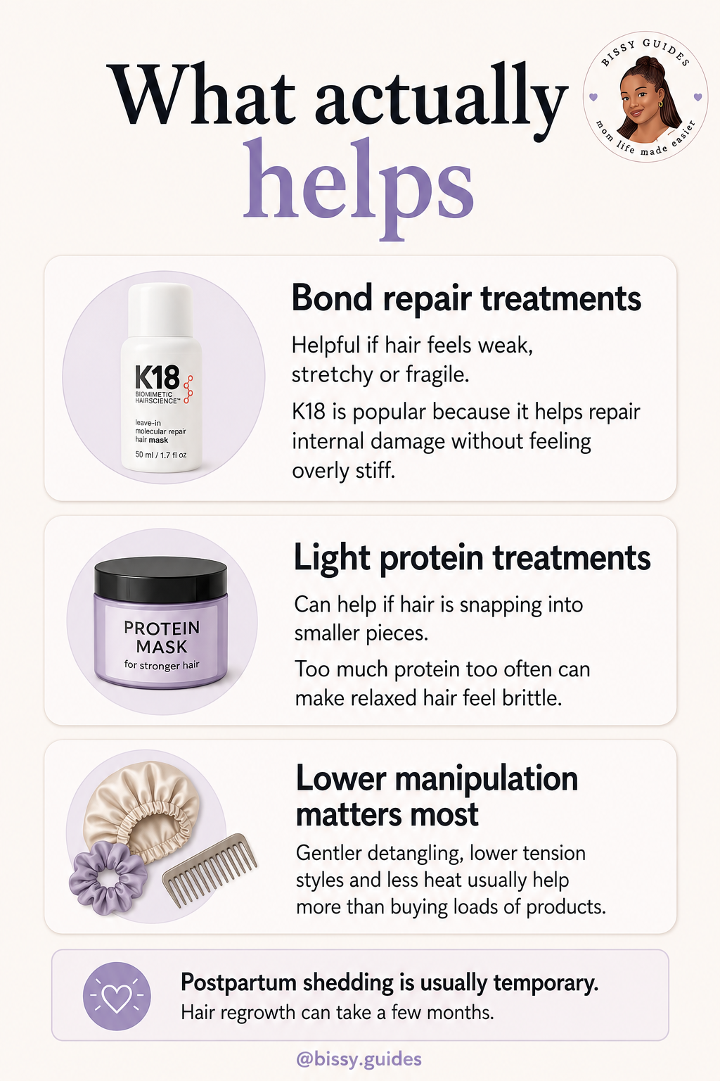 Minimal guide slide explaining what actually helps postpartum hair loss including bond repair treatments, light protein treatments, and lower manipulation hair care.