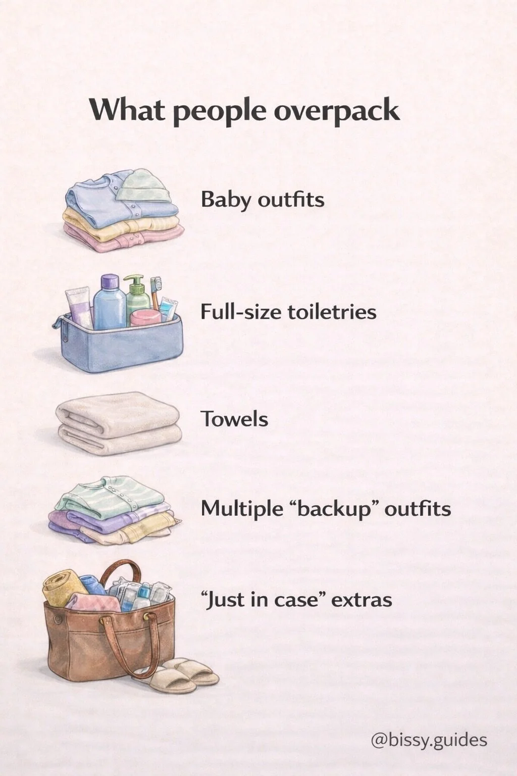 Flat lay of commonly overpacked hospital bag items including baby clothes, toiletries and maternity extras
