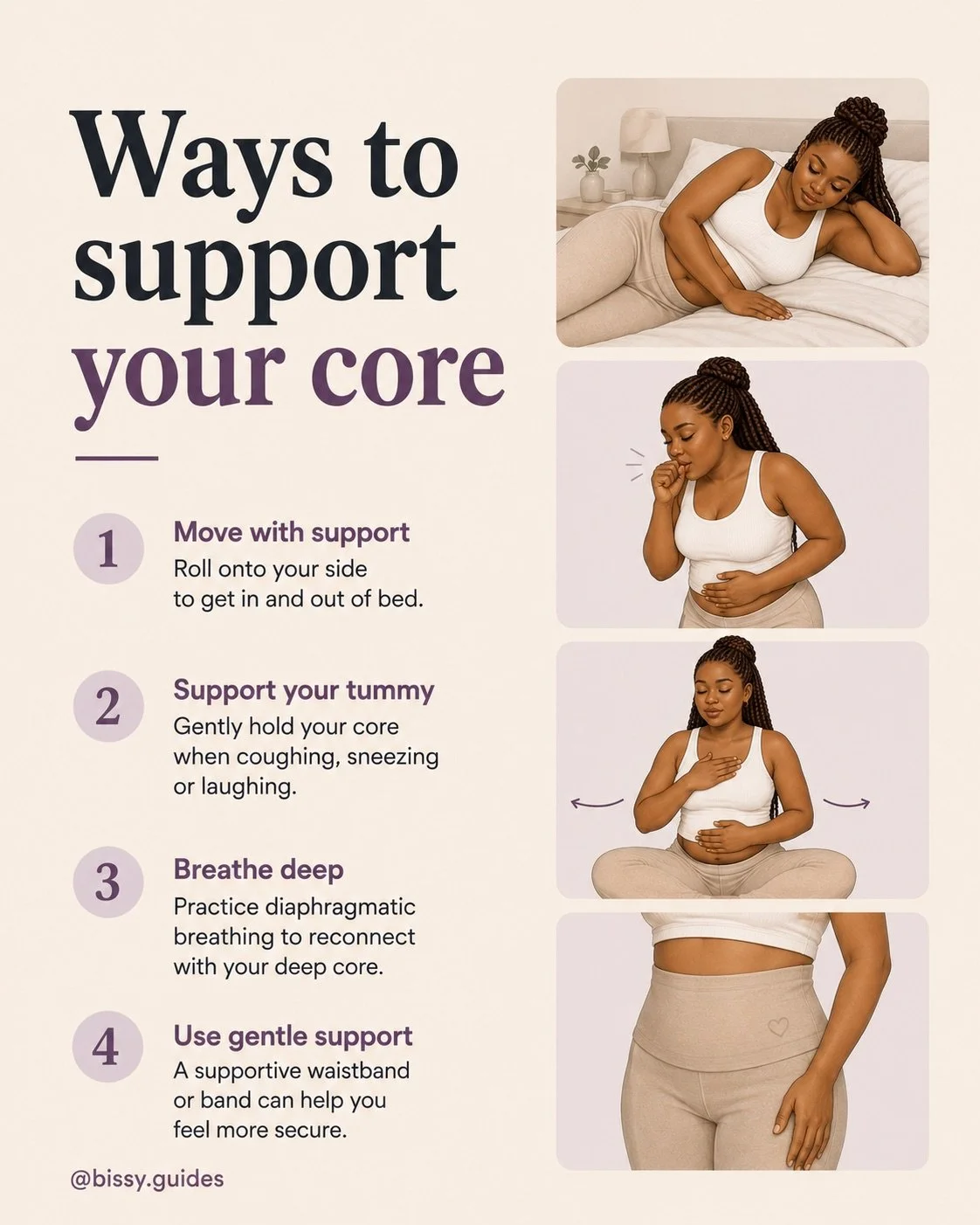 Illustrated guide showing simple ways to support your core after having a baby, including rolling onto your side, deep breathing and using gentle support.