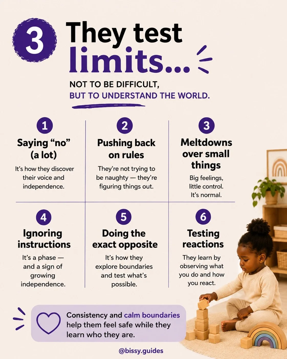 Minimal Bissy Guides infographic explaining why toddlers test limits, including tantrums, saying no, and emotional reactions.