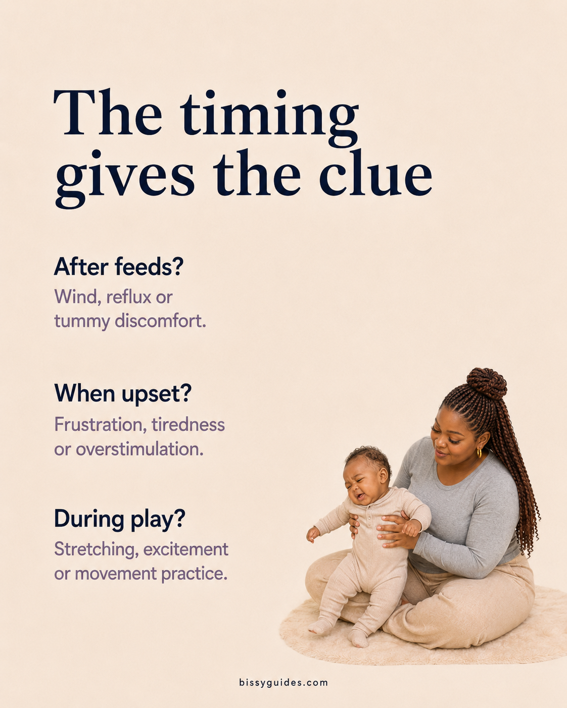 Text explaining that timing gives the clue, with a mum supporting a baby during movement or fussiness.