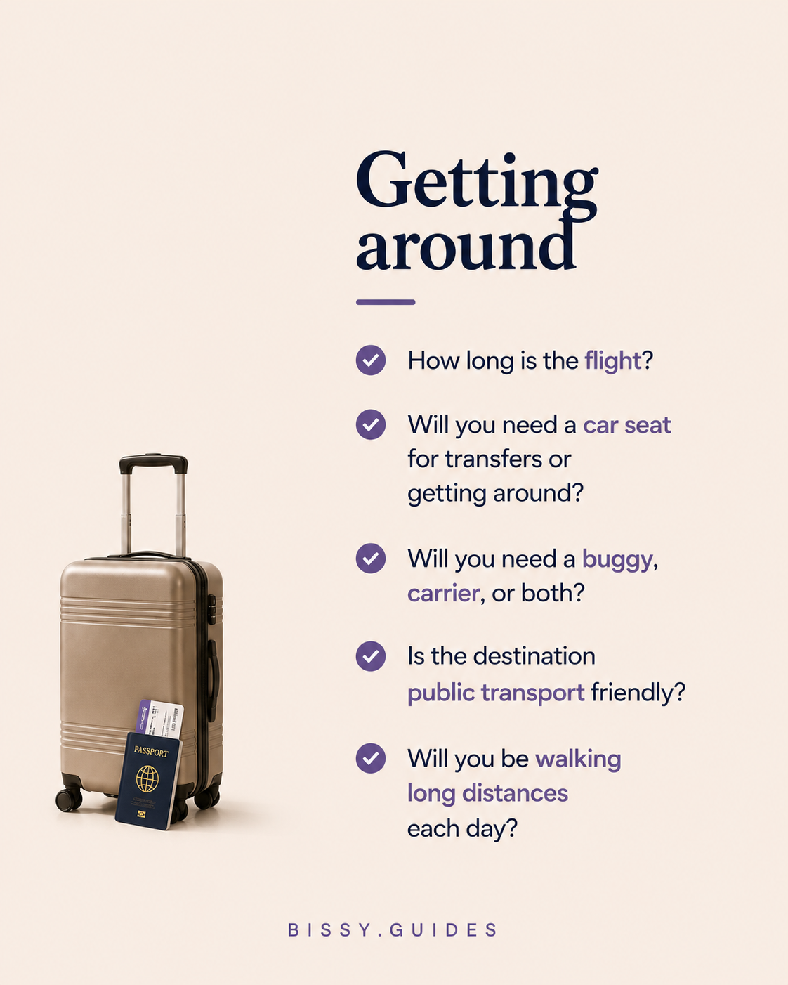 Suitcase and passport representing transport planning for a family holiday.