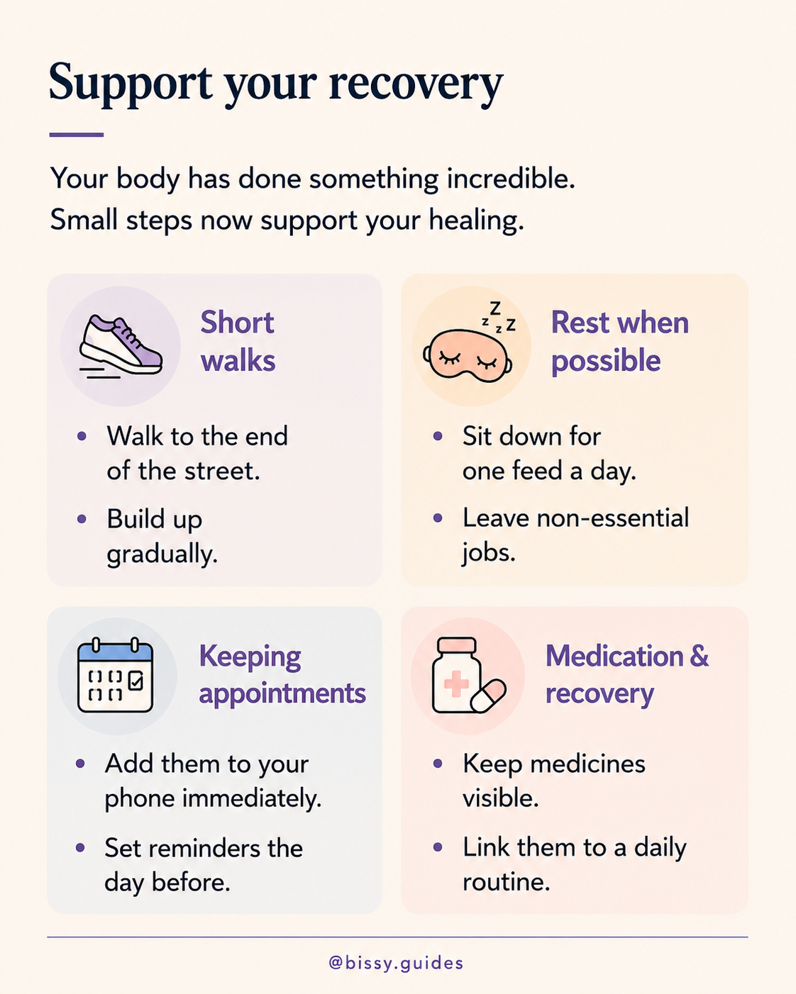 Postpartum recovery guide showing practical recovery tips after having a baby, including short walks, rest, appointments, and medication reminders.cing housework, using reminders, and creating small routines.