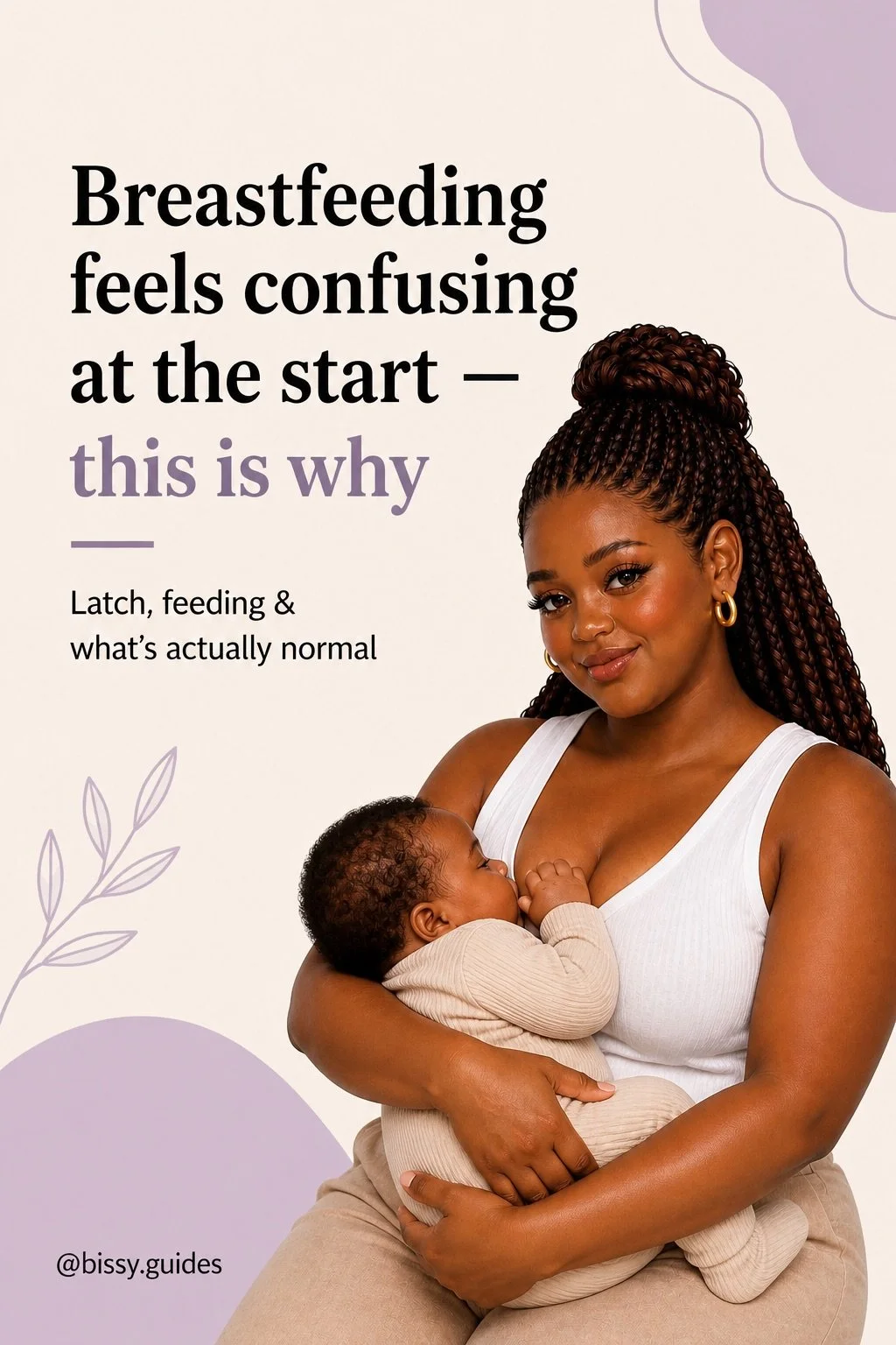 Illustrated breastfeeding guide cover showing a brown-skinned mother with braided hair breastfeeding her baby beside the title “Breastfeeding feels confusing at the start — this is why”