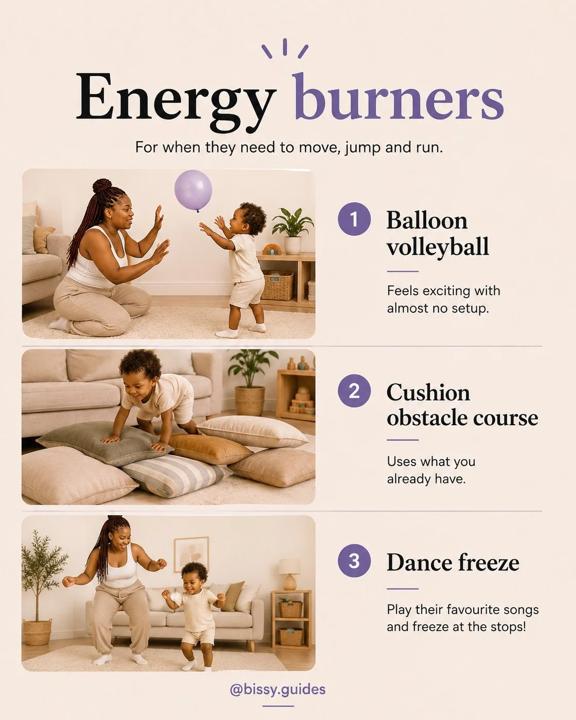 Toddler doing indoor movement activities including balloon volleyball, cushion obstacle courses and dance games at home.