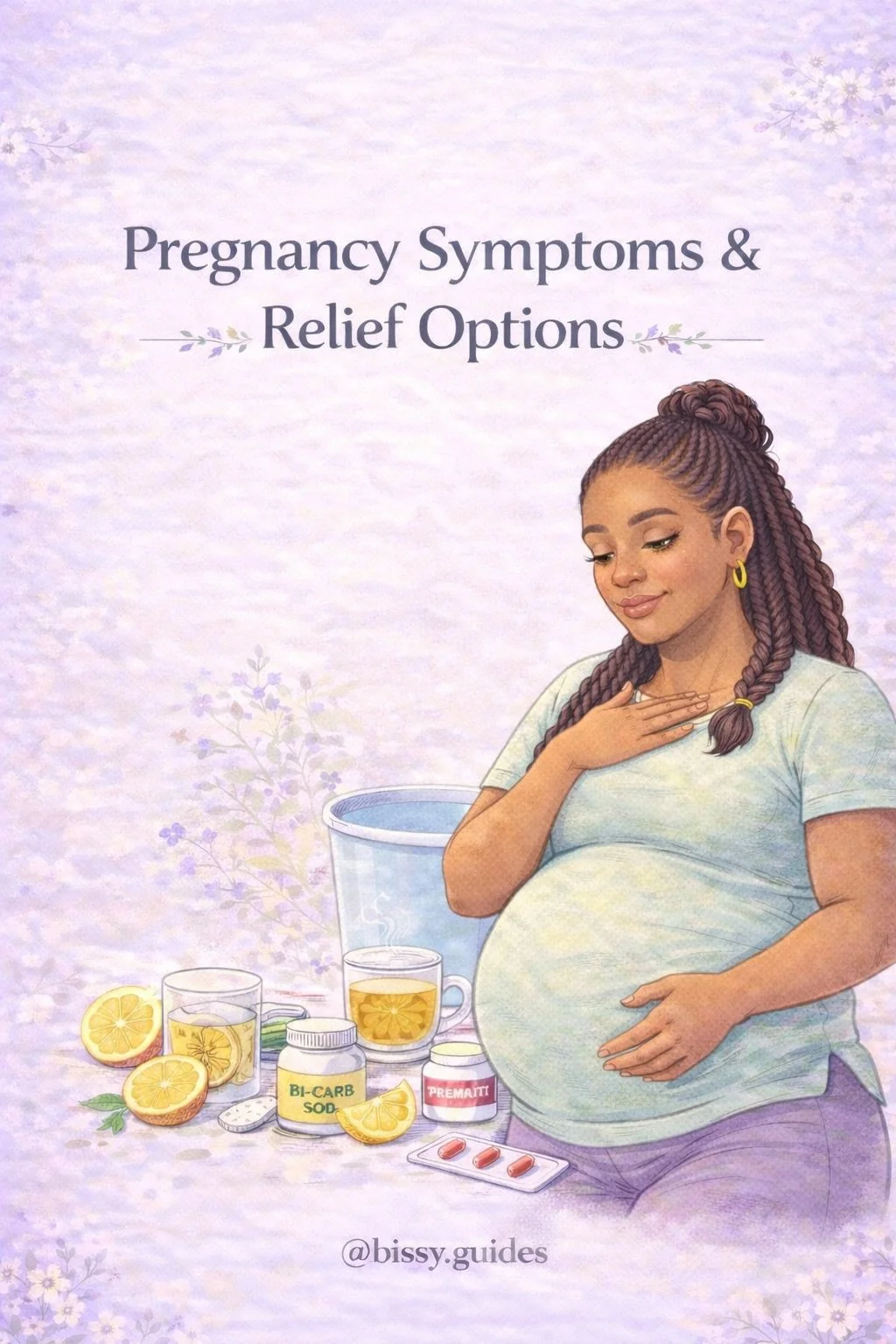 Pregnant woman holding her chest with common pregnancy symptom relief items including ginger tea, lemons and prenatal vitamins.