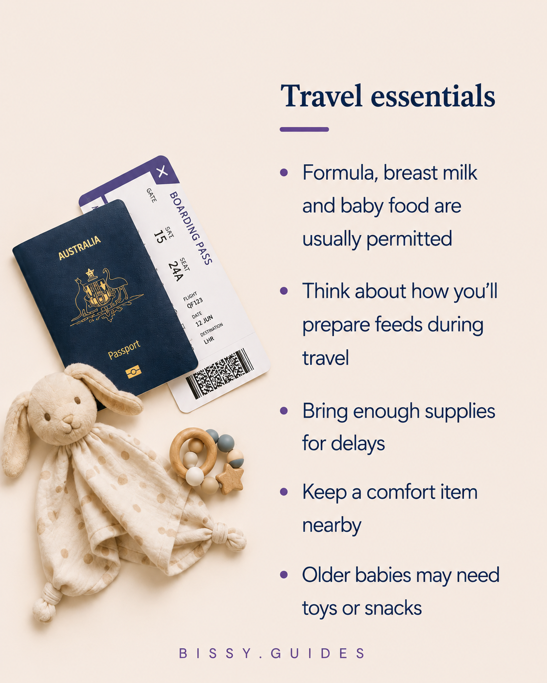Passport, boarding pass and baby comfort items representing travel essentials for flying with a baby.