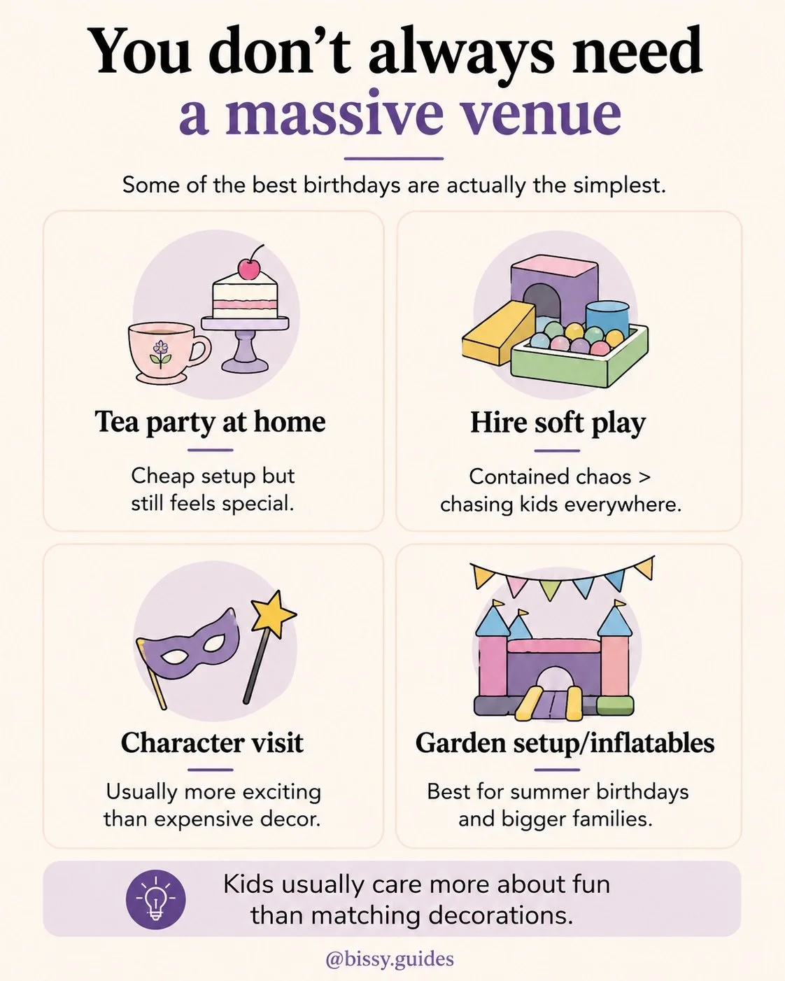 Simple birthday party ideas including tea party at home, soft play hire and inflatable garden setups.