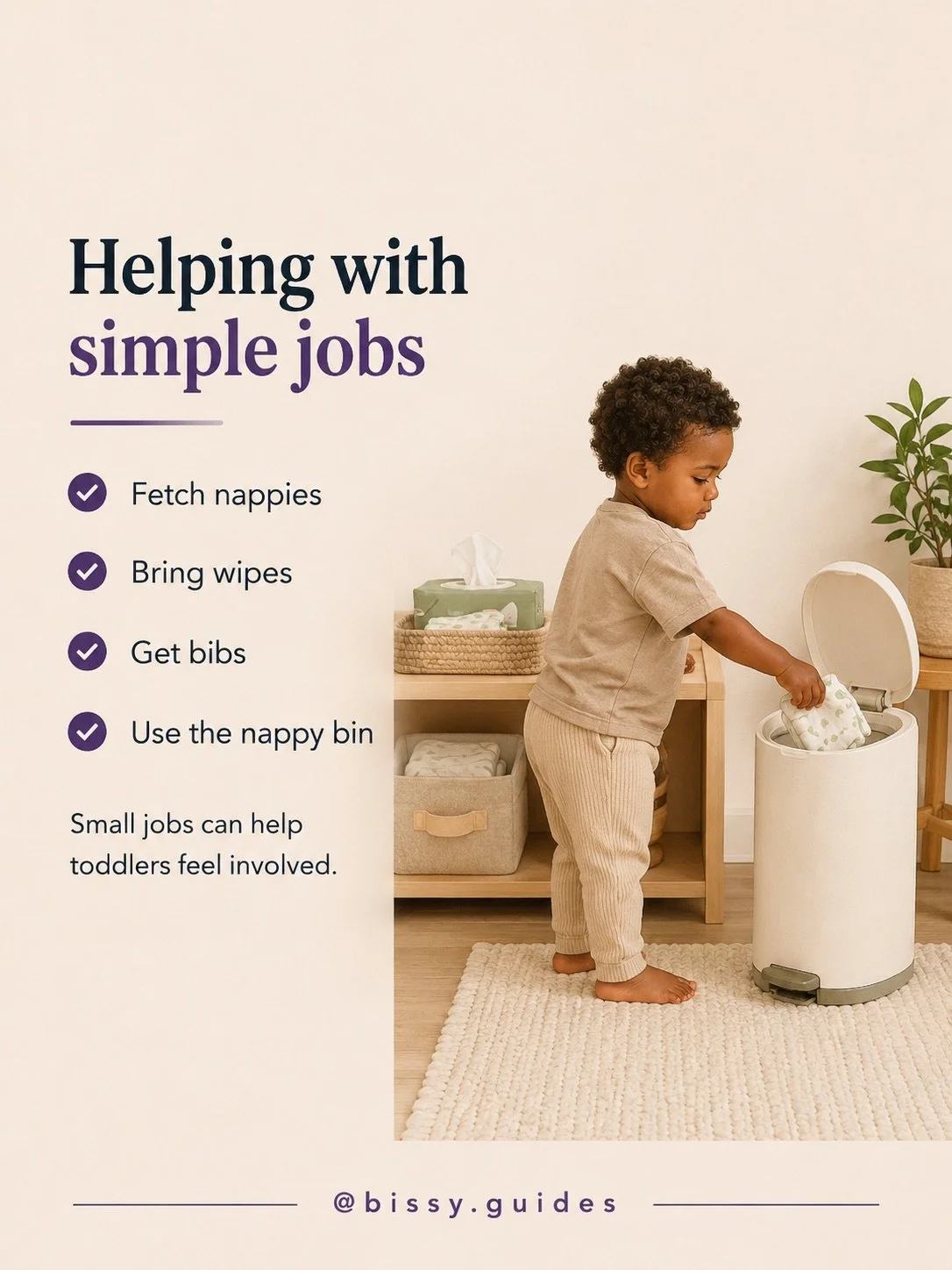 Toddler independently fetching baby supplies and using a nappy bin, showing simple ways older siblings can help with everyday tasks.