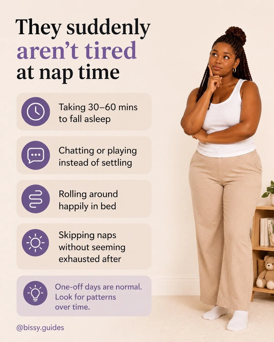 Toddler happily awake at nap time while parent watches and wonders whether daytime sleep needs are changing