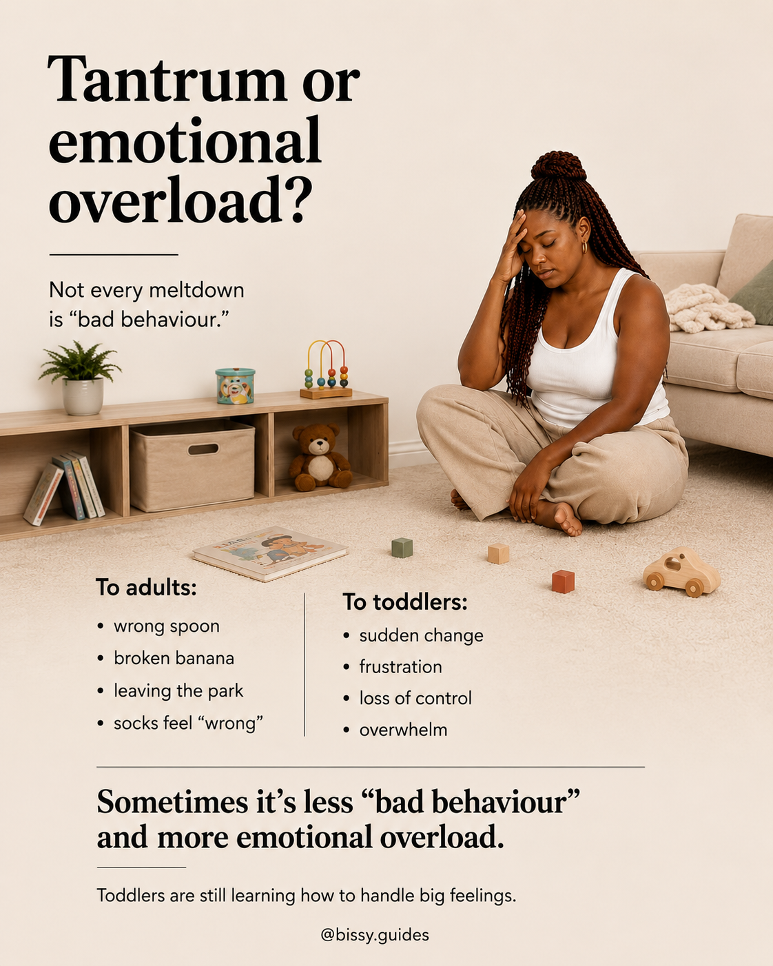 Mother sitting on floor looking emotionally overwhelmed in a toy-strewn living room with the text “Tantrum or emotional overload?”