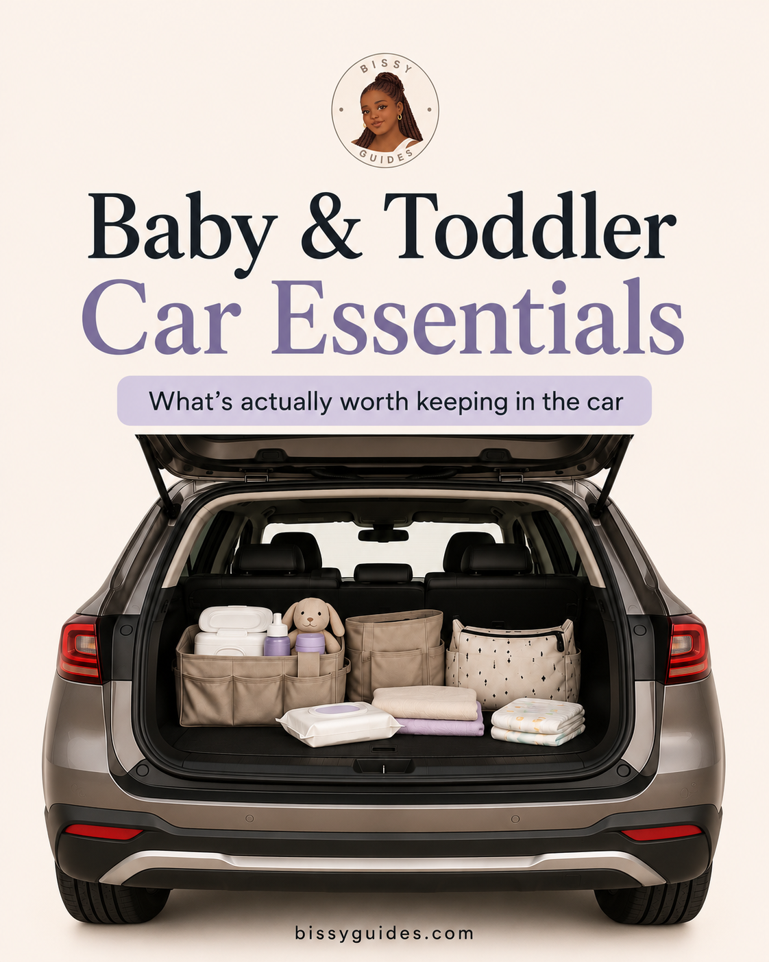 Open SUV boot packed with baby and toddler car essentials including wipes, nappies, organiser and changing supplies.